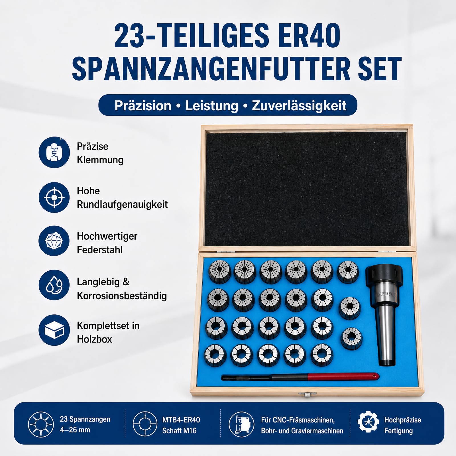 Zestaw tulei zaciskowych 4-26 mm, 23-częściowy ER40 MK4/MT4 M16, uchwyt zaciskowy, tuleja zaciskowa, zestaw z kluczem płaskim i korpusem uchwytu do frezowania, tokarki, maszyn do grawerowania CNC