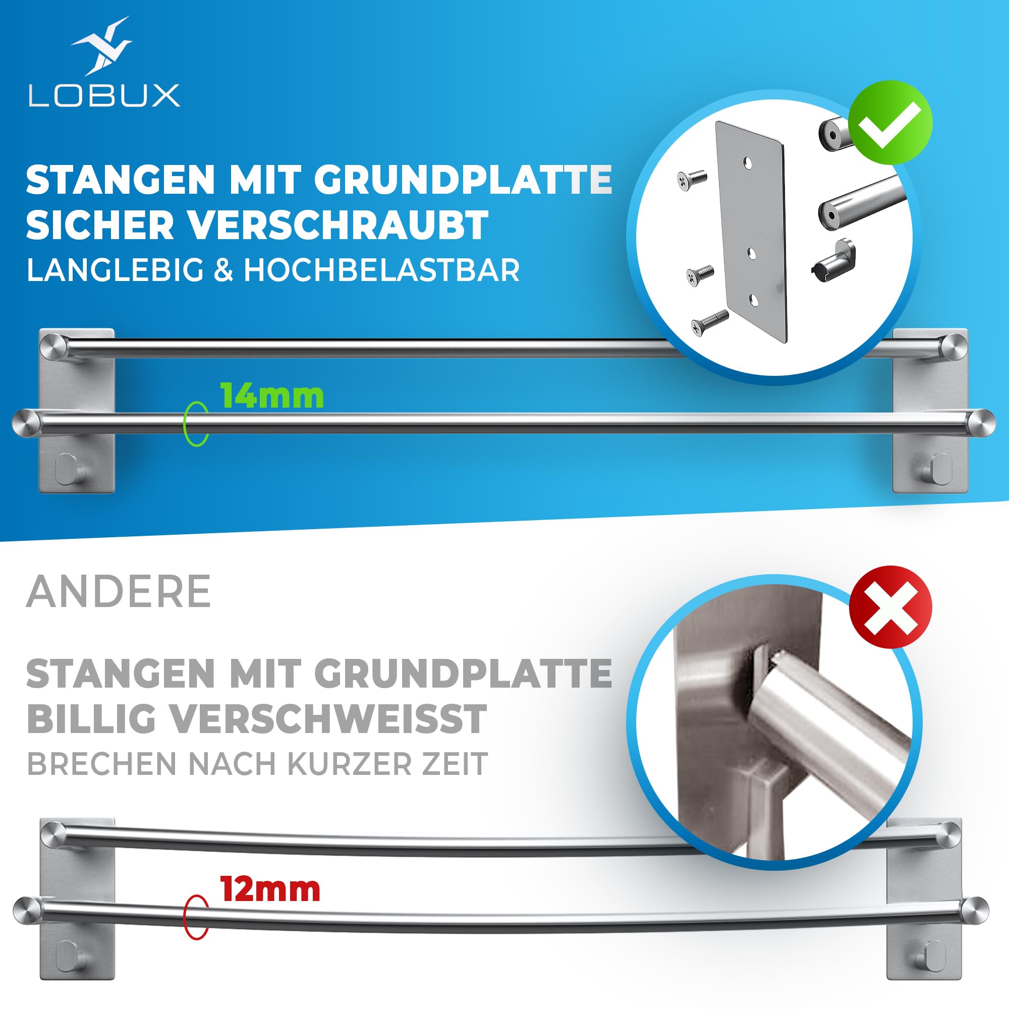 LOBUX® - Toallero sin taladrar – 80 cm, acero inoxidable – Toallero de baño doble autoadhesivo – Toallero de baño con 2 ganchos – para baño, ducha, cocina
