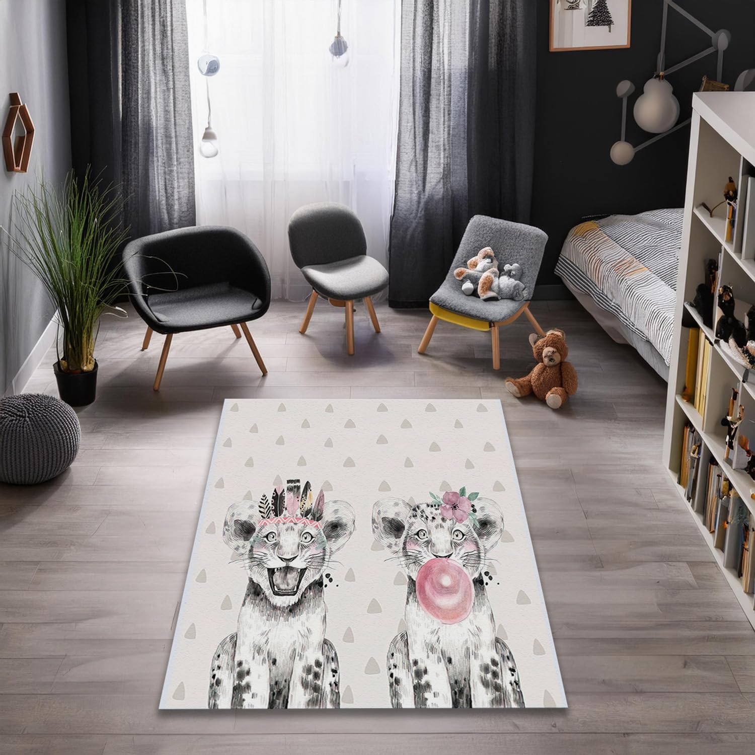 Uroczy lew dywan do pokoju dziecięcego, motyw zwierzęcy, dekoracja pokoju dziecięcego, antypoślizgowy, zmywalny, miękki, dla dzieci, safari, zoo, dżungla, mata, prezent urodzinowy (model 3, 60 x 90 cm