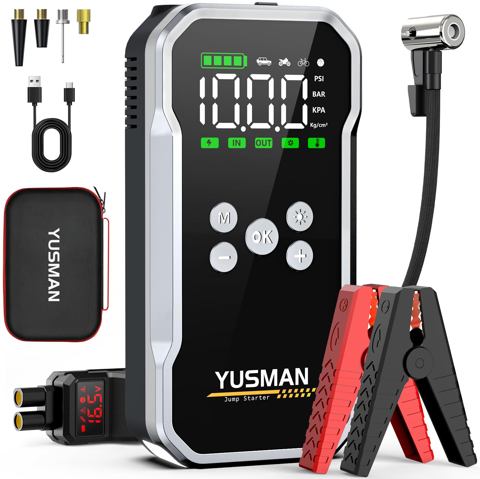 YUSMAN Car Battery Jump Starter with Air Compressor, 12V 8000A Portable Car Jump Starter with 160 PSI Inflator (for 10L Petrol or 8L Diesel), Emergency LED Flashlight