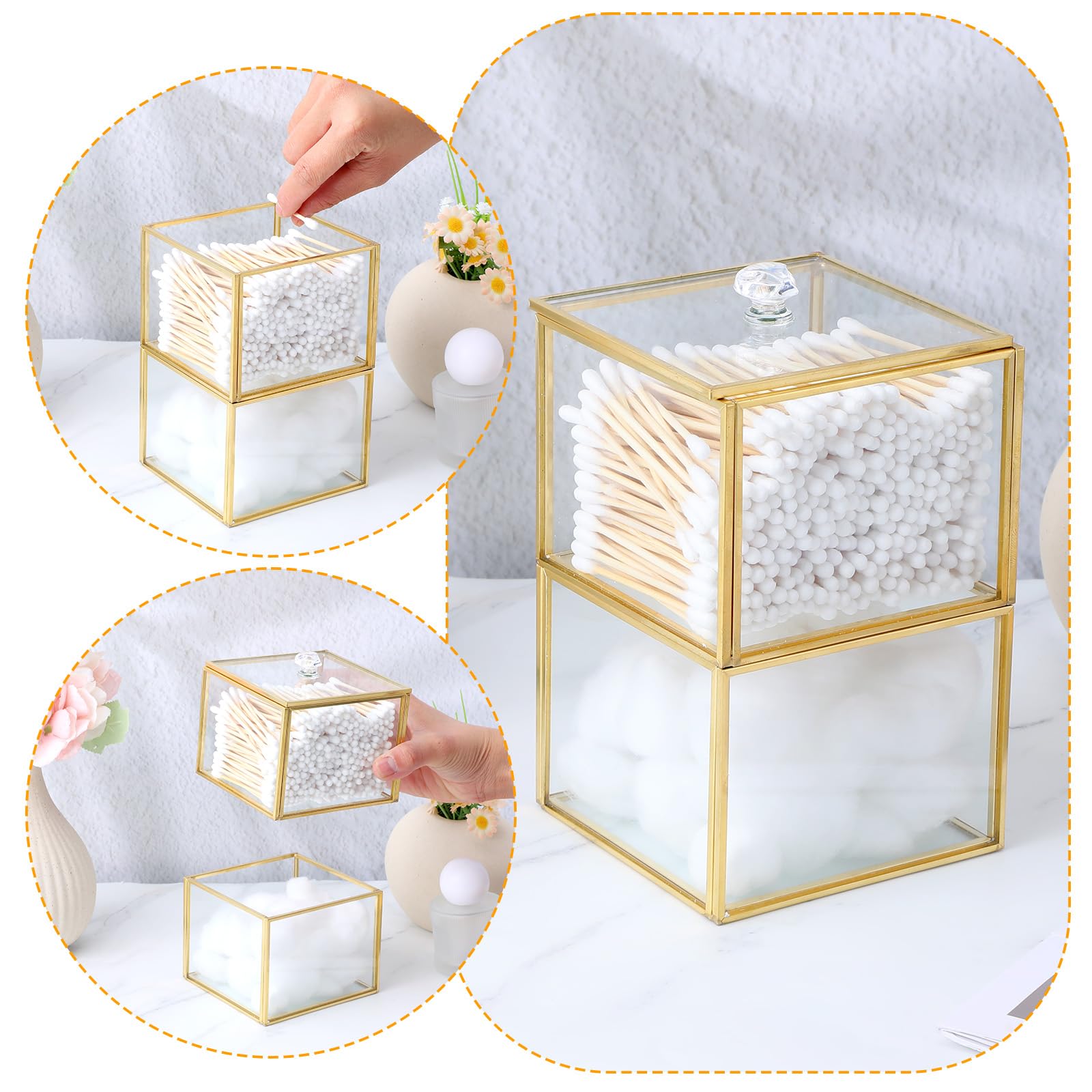 Glass Qtip Holder with Lid, 2-Tier Stackable Bathroom Organizer for Cotton Balls & Swabs, Elegant Vanity Storage Jar (3.94