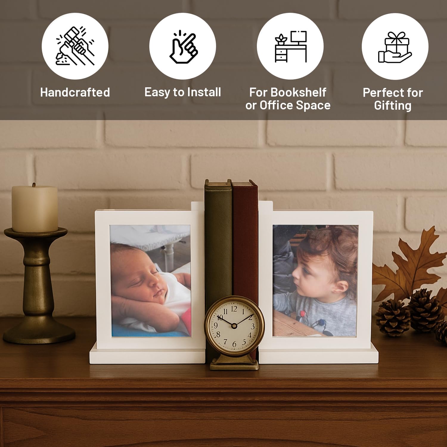 Bey-Berk Personalized Kennedy Wood Picture Frame Bookend (White, Set of 2), Solid Wood L-Shaped 4x6 Double-Sided Photo Book Ends with Custom Text, 6" x 3" x 8.25" with Felt Pads