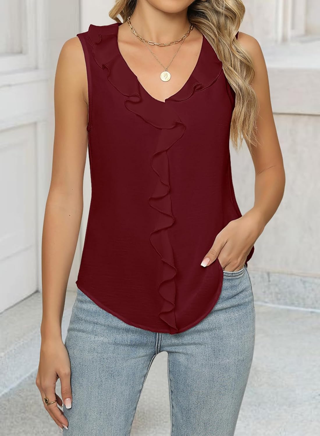 Women's Dressy Casual Blouses Sleeveless V Neck Ruffle Tank Tops 2026 Trendy Summer Ladies Business Work Shirts - Image 2