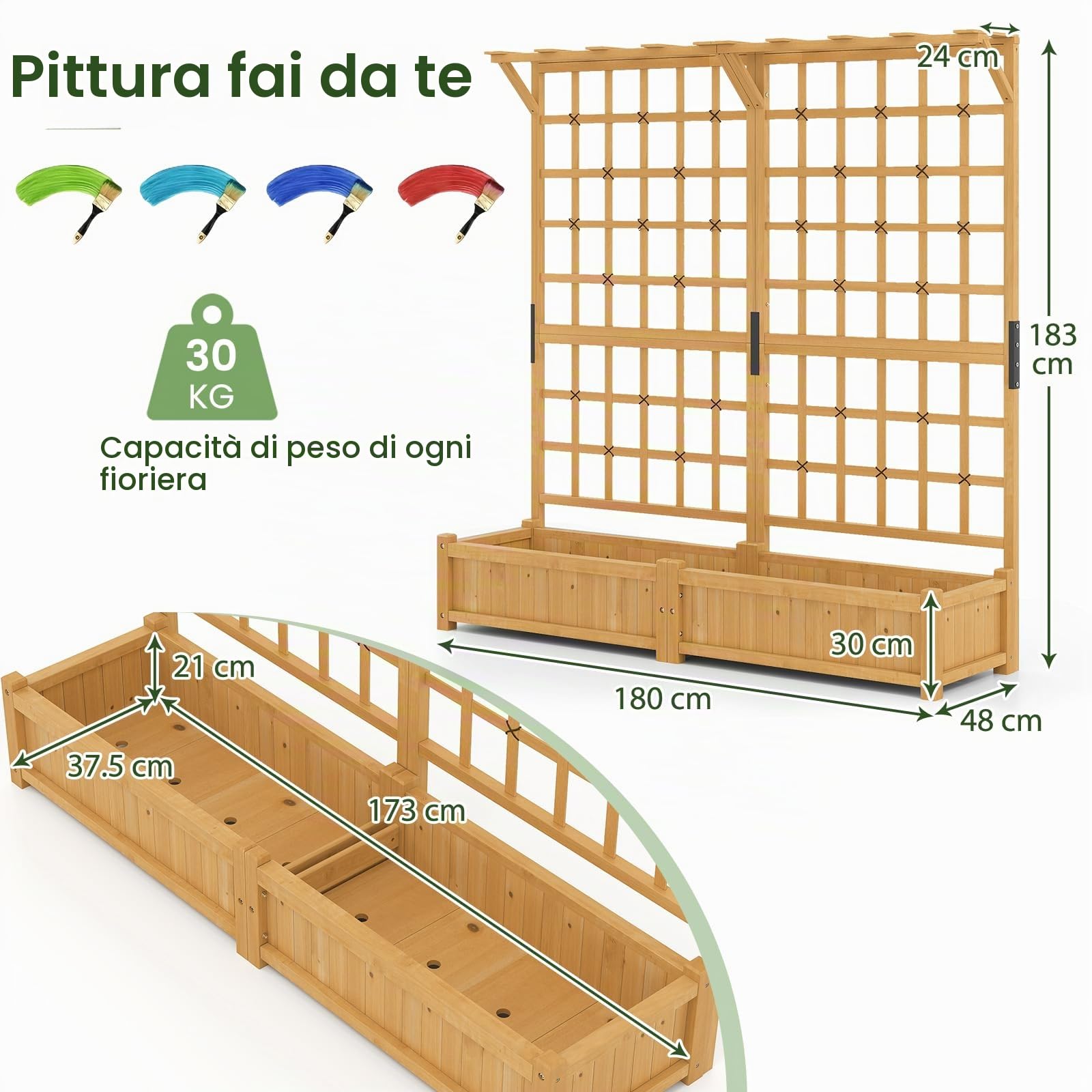 HOMASIS Fioriera con Spalliera da Esterno in Legno, 3 in 1 Fioriera con Vaso, Traliccio per Rampicanti e Tettuccio, Letto per Orto Rialzato con Fori di Drenaggio, 180 x 48 x 183 cm (Naturale)
