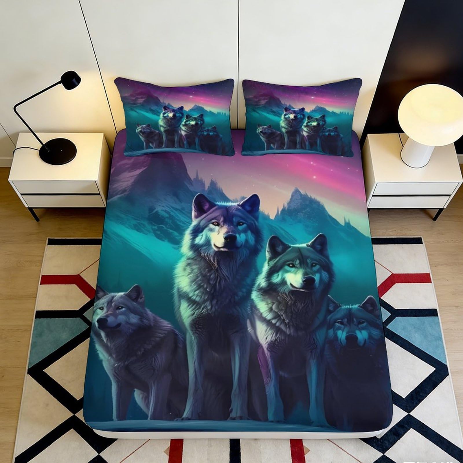 3D Printed Wolf Mountain Fitted Sheet Microfiber Soft Breathable Aurora Night Mattress Cover for Bedroom Dorm Decor 120x200x25cm