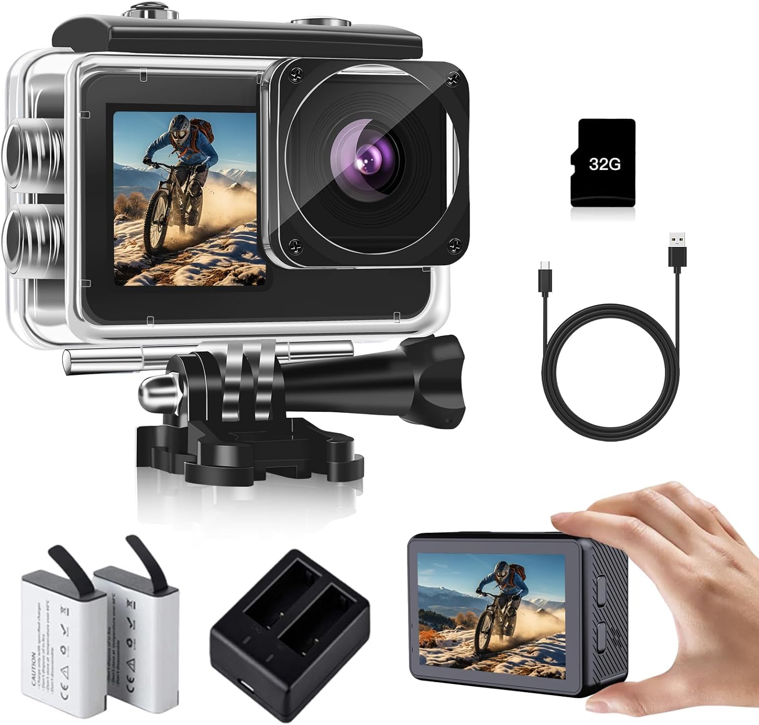 Cámara Deportiva 1080P FHD 16MP, Cámara Acuática con Doble Pantalla de 2" y 1.3", Sumergible 40M para Vlogging y Buceo, Incluye Tarjeta SD 32GB, 2 Baterías de 1050mAh y Accesorios（Negro）