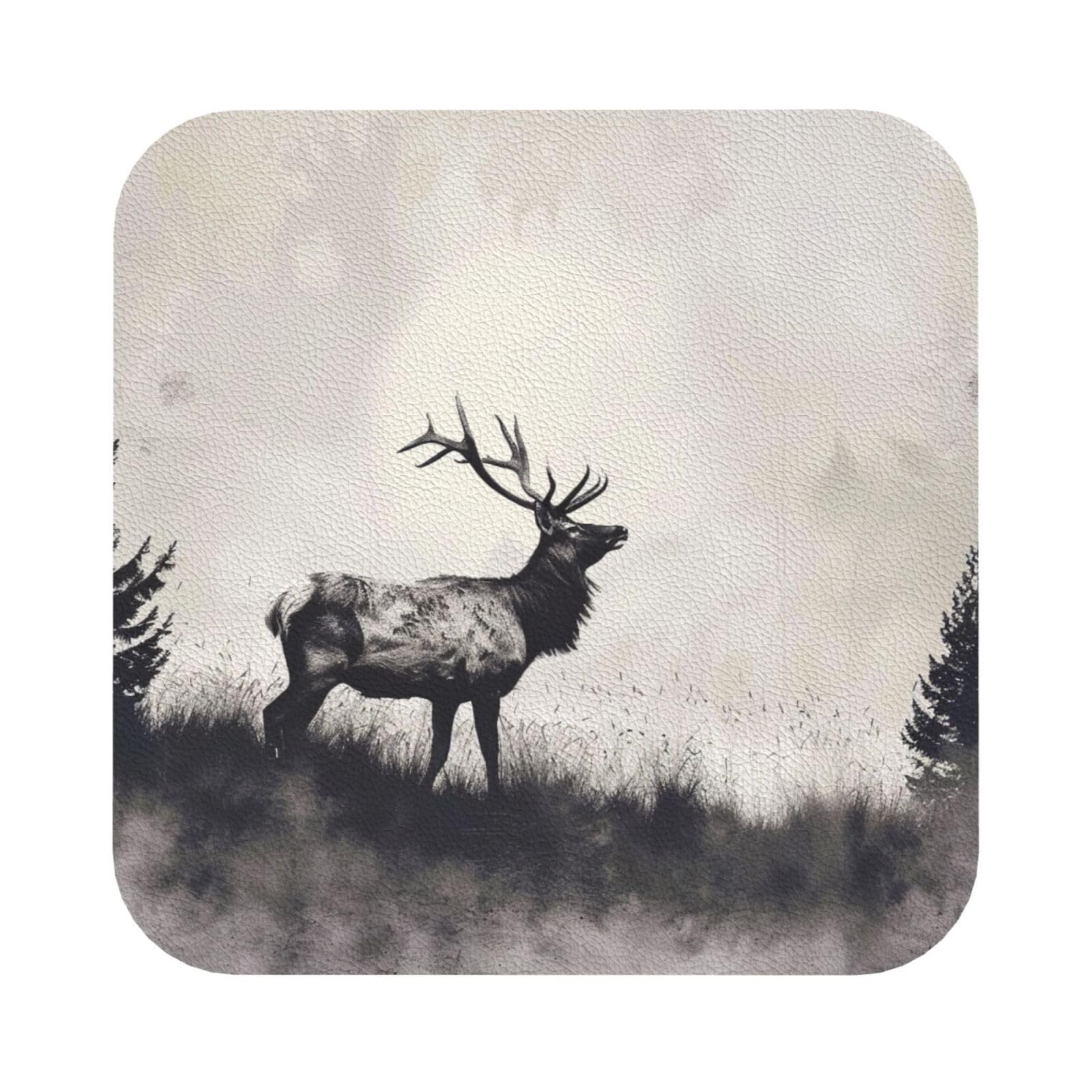Wild Deer Print Leather Coaster Set of 6, Square Coasters Table Decorative Coffee Cup Beverage Coasters Wine Beer Bar Coasters for Hot Drinks Table Protection