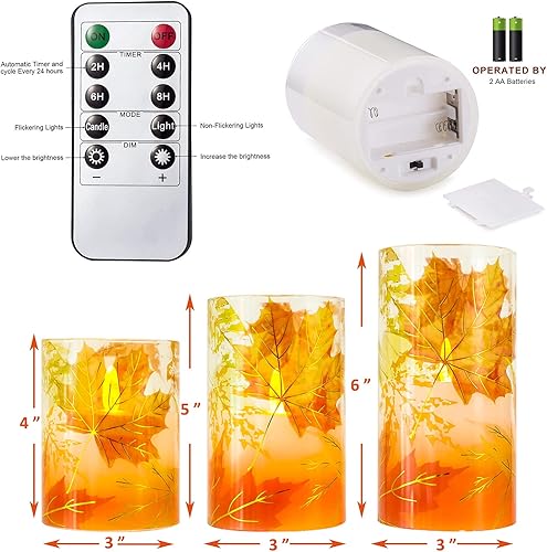 Miniatura 4 de Velas sin llama de otoño, velas LED de hoja de arce otoñal con control remoto y temporizador, velas de cera real parpadeantes realistas para fiestas