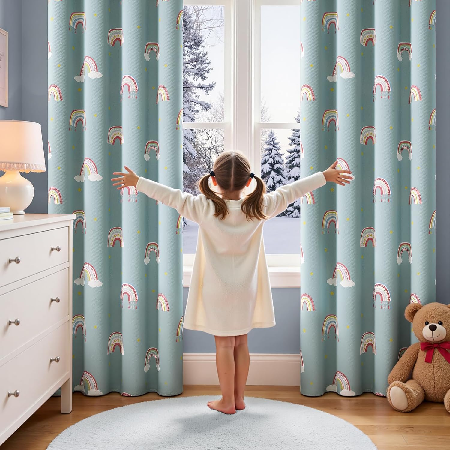 jinchan Nursery Blackout Curtains for Kids Room Rainbow Blue Curtains Cute Girls Bedroom Dorm Playroom Window Treatment Grommet Thermal Insulated Room Darkening 2 Panels 84 Inch Length