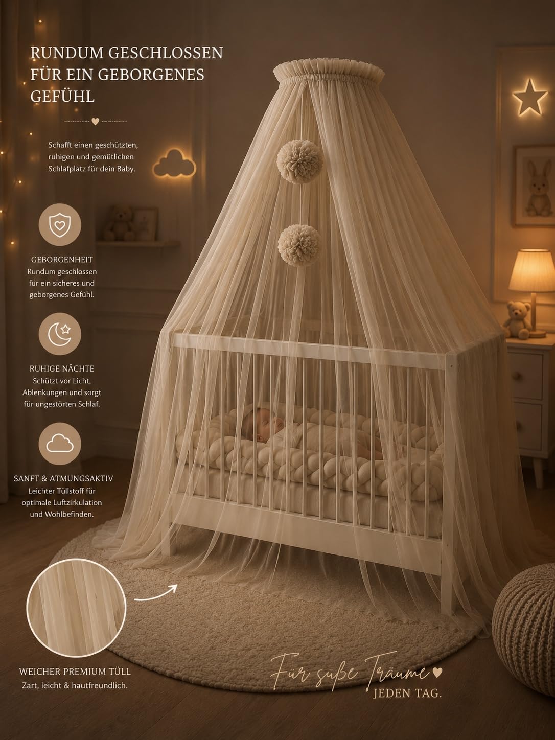 Baby Fancyroom lit pour bébé, berceau, moustiquaire, décoration chambre enfant, tulle qualité supérieure (beige)