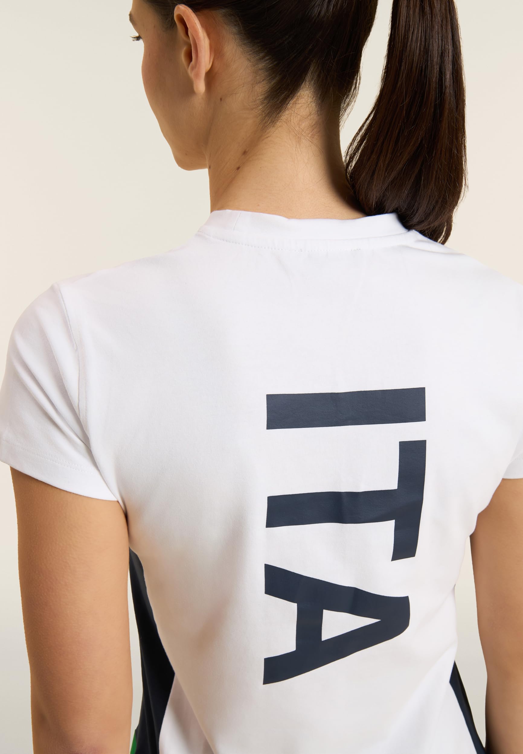 FREDDY - Maglietta Donna Nazionale Italiana di Ginnastica FGI in Jersey di Cotone Elasticizzato - T-Shirt con Girocollo Bianco con Maxi Stampa ITA sulla Schiena