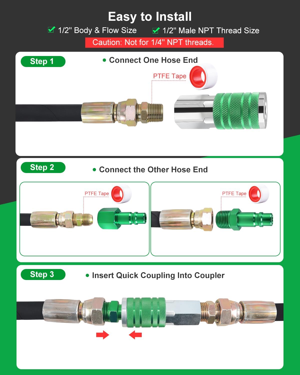 1/2" Air Hose Fittings Set, 5-Piece Quick Connect Accessories, 2pcs 1/2" Female NPT Industrial I/M Couplers & 3pcs Plugs, 300 PSI Green Plated Heavy Duty Iron, for Pneumatic Tools, Garage