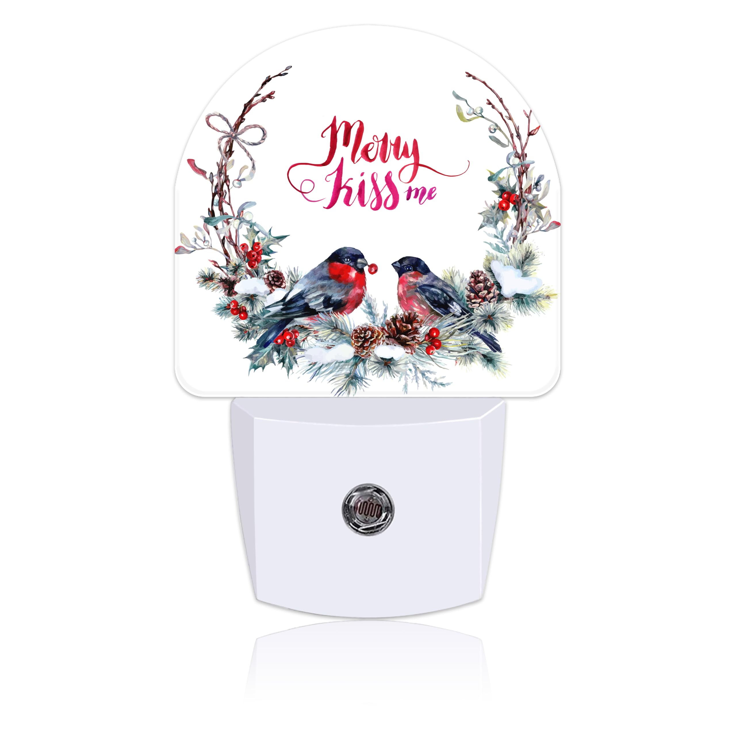 Plug in Night Lights Watercolor Christmas Wreath with Bullfinches Nightlight Plug Into Wall Dusk to Dawn Sensor LED Night Light for Kid Girls Boys Room Decor,Hallway,Kitchen,Bathroom,Nursery