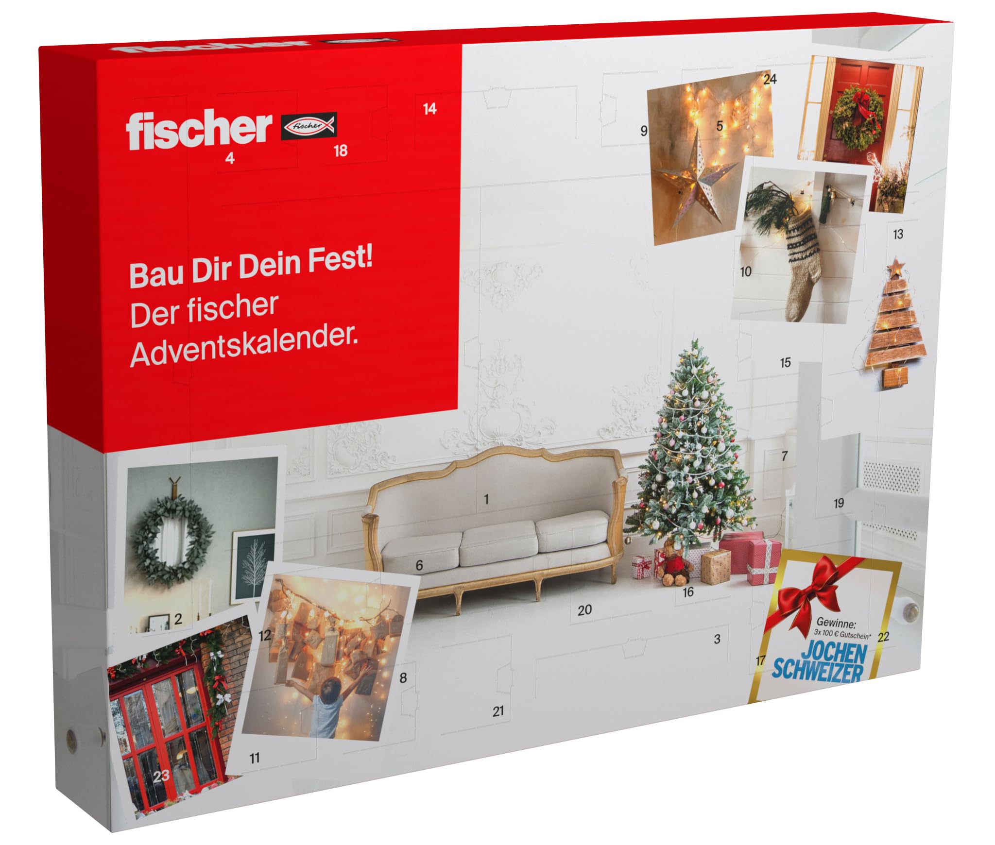 fischer Calendario de Adviento – 24 prácticas soluciones de fijación para bricolaje creativo, aficionados al bricolaje y manualidades, mezcla de tacos, tornillos, brocas, brocas y más