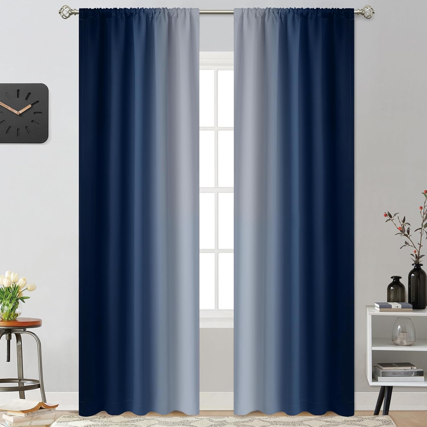 Yakamok Light Blocking Ombre Curtains, Room Darkening Thermal Insulated Gradient Color Curtains, Rod Pocket Window Drapes for Living Room/Bedroom (Blue and Greyish White, 2 Panels, 52W x 84L Inch)