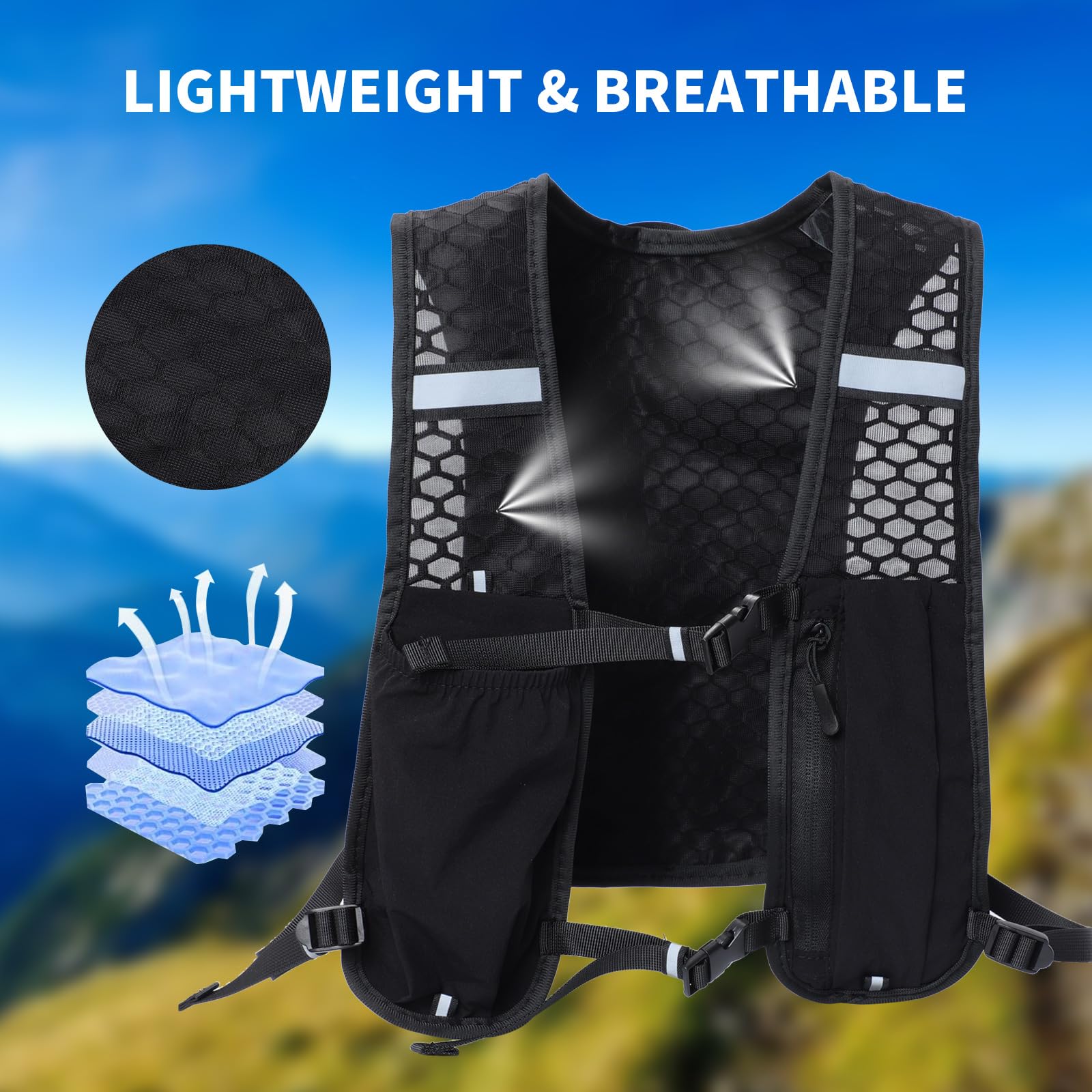 Damen und Herren Laufweste mit 500ml Wasserflasche, Verstellbarer Reflektierender Trinkrucksack Weste, Ultraleicht Laufweste Rucksack für Radfahren, Trails, Marathons, Läufe