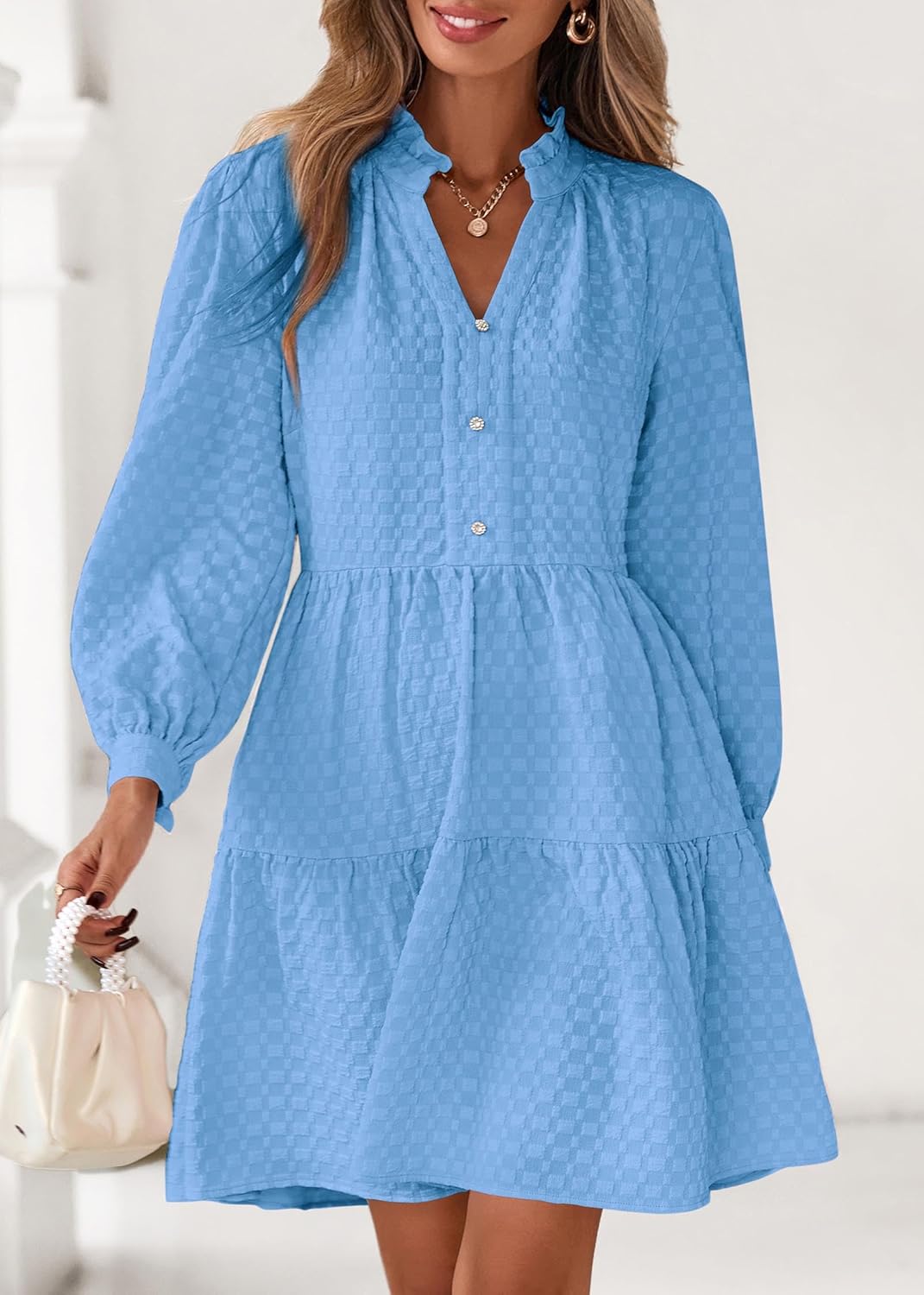 Lazysmile Dresses for Women Long Sleeve V Neck Button Down Ruffled Flowy Fall Casual Babydoll Tunic Dress - Image 3