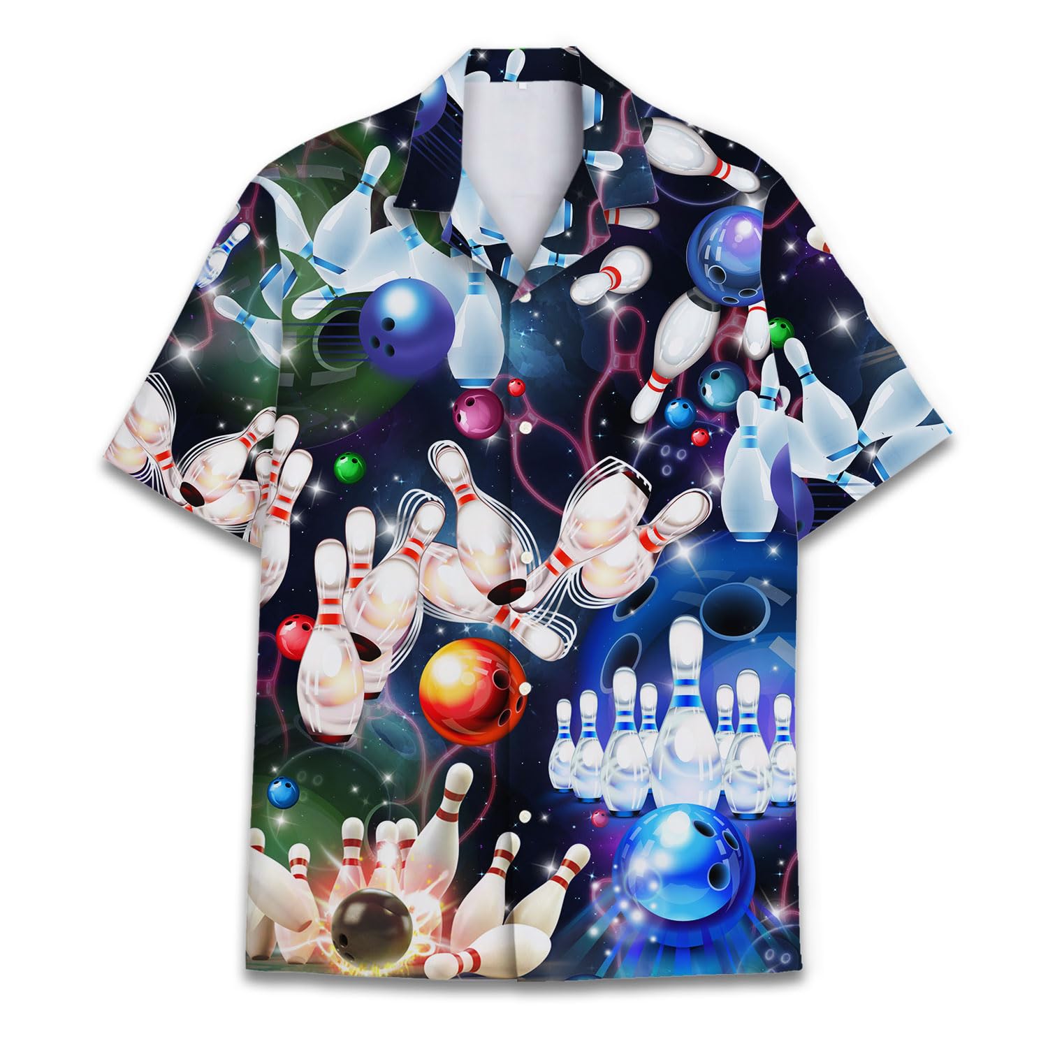 Retro Neon Bowling Hawaiian Shirt Colourful Bowling Ball Hawaiian Shirt Casual Galaxy Short Sleeve Shirt Button Down Shirt