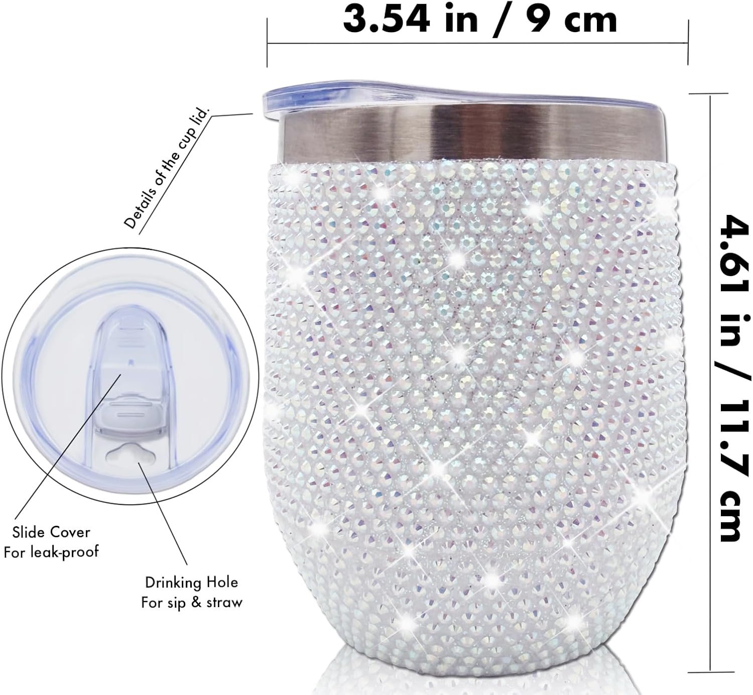 12 oz Bling Wine Tumbler with Lid Rhinestone Insulated Wine Glass Tumbler Double-Wall Vacuum Stainless Steel Coffee Mug Sparkly Travel Cup for Beer Champaign Cocktail (Pearl)