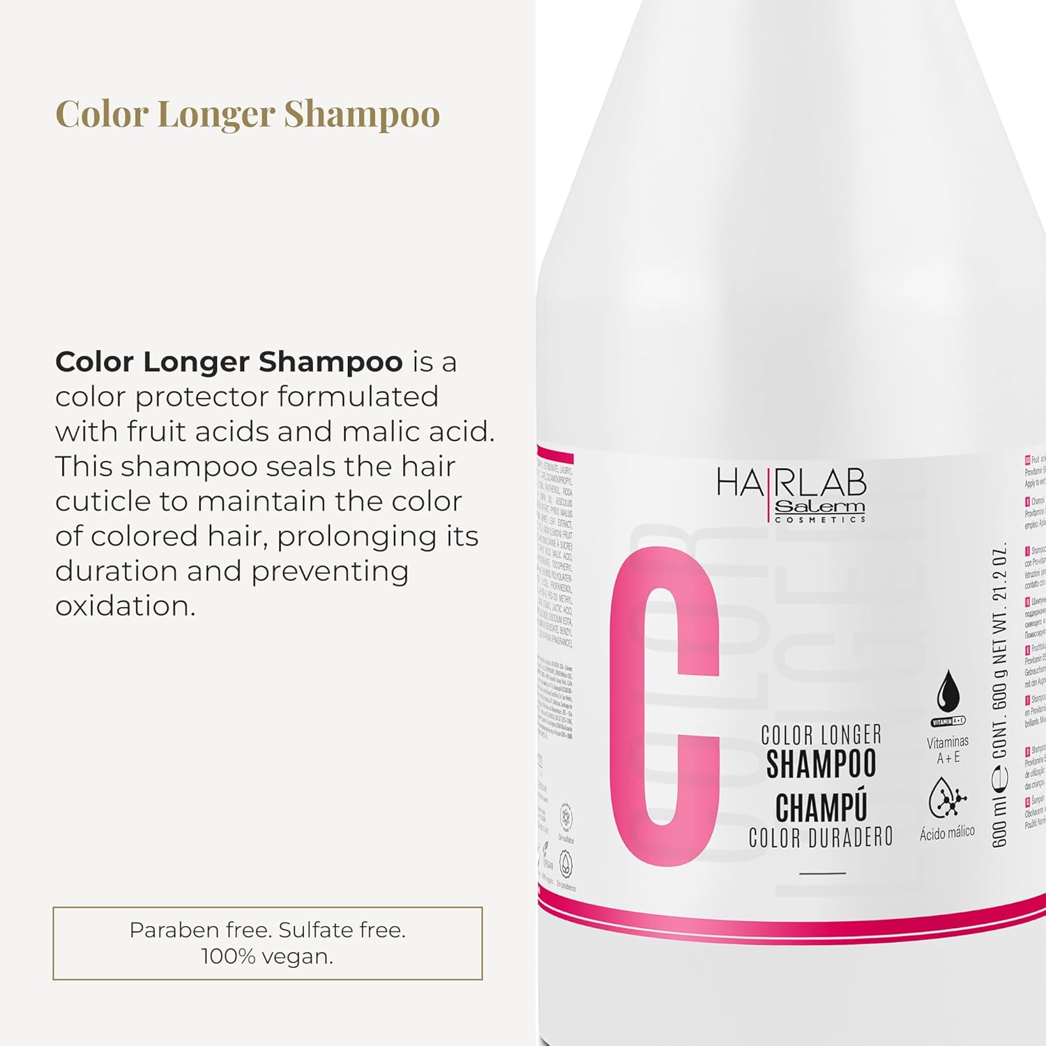 SALERM - Dyed, Bleached, or Gray Hair Shampoo - Shampoo Color Longer Hair Lab - 600 ml - with Provitamin B5 and Vitamins A and E - Seals and Maintains Color - Sulfate and Paraben-Free - Image 2