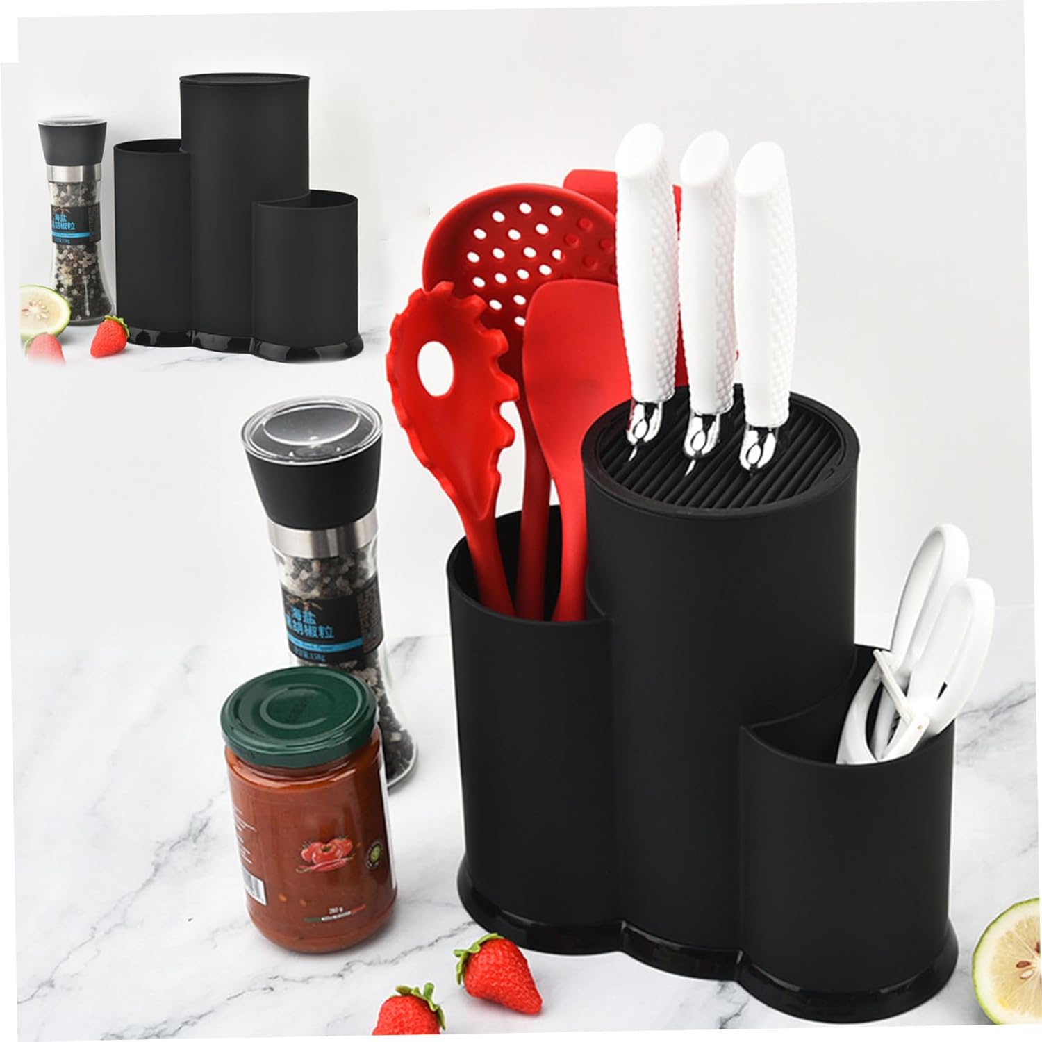 Knife Set with Block Plastic Round Knife Block Without Knives 3 in 1 Kitchen Knife Holder Knife Storage Knife Stand Space-Saving Knife Holder Detachable Knife Holders for Counter Top Daily Use Black