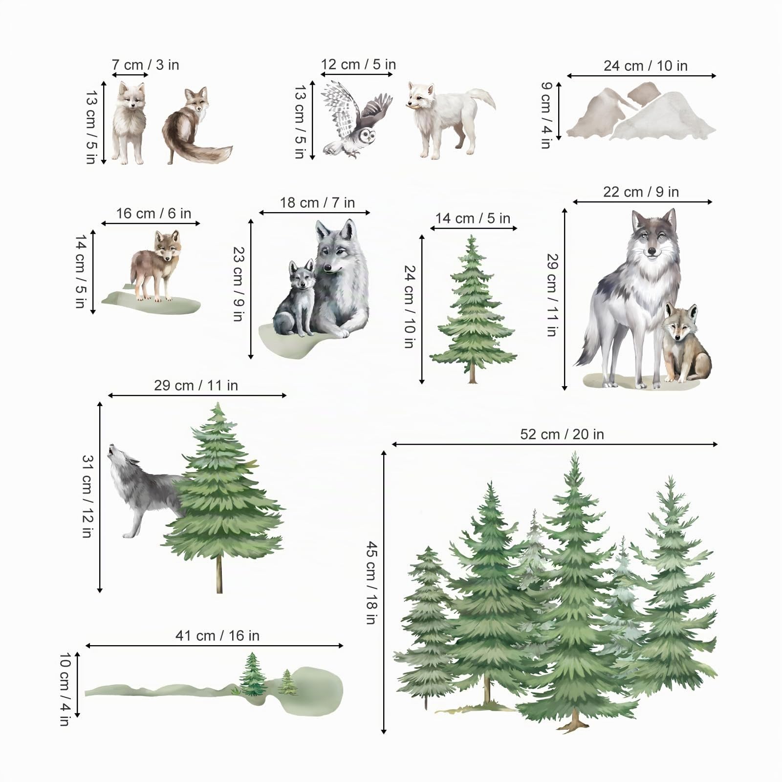 wondever Pegatinas de Pared Bosque Árboles Adhesivos Pared Decorativos Animales Lobo Pino Pájaros Vinilos Pared para Infantiles Habitacion Dormitorio Salón