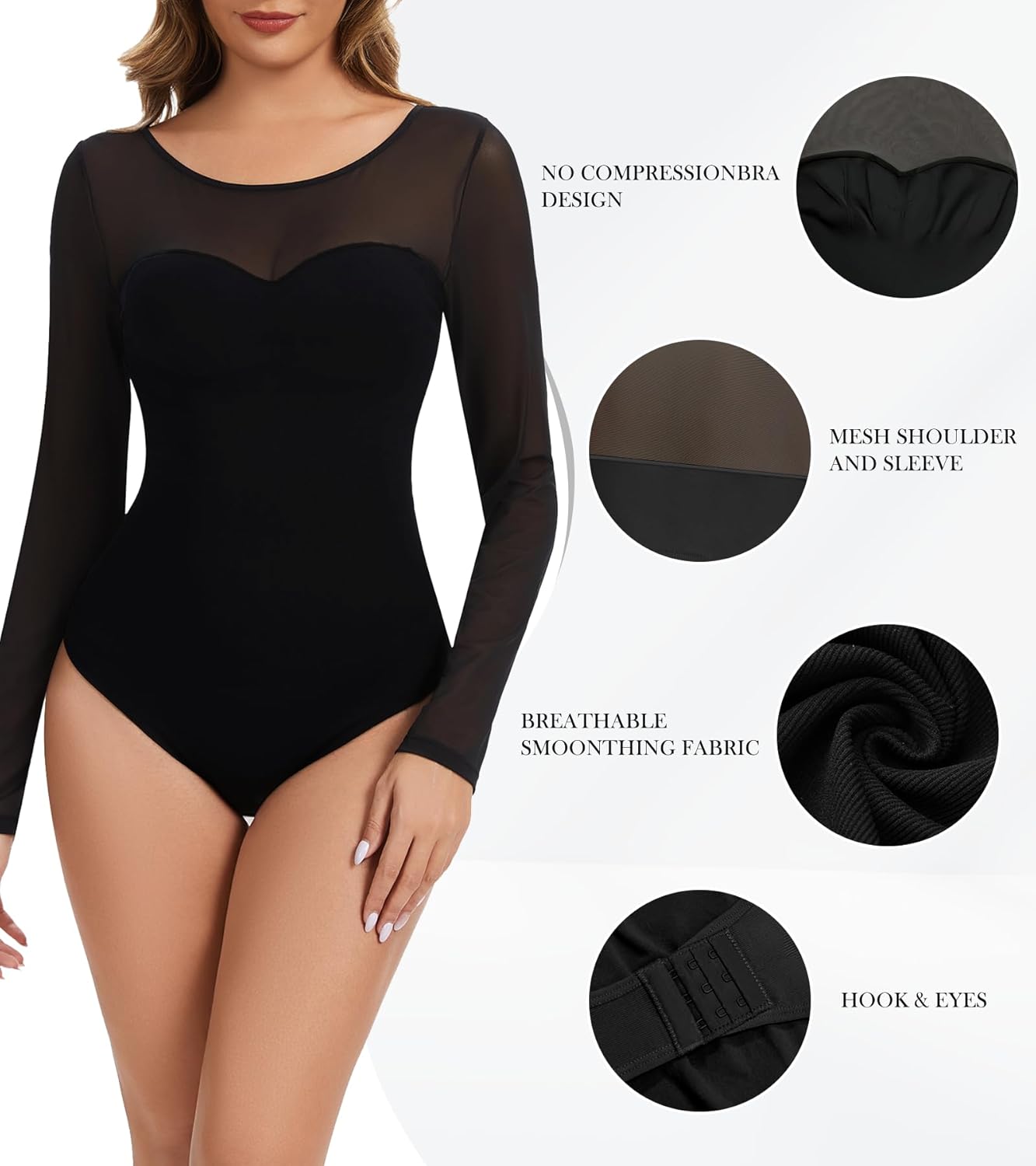 Women Mesh Long Sleeve Shapewear Bodysuit for Tummy Control Seamless Body Suits - Image 3