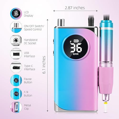 Miniatura 4 de Taladro de uñas eléctrico profesional máquina de taladro eléctrico de uñas de 40000 RPM, Efile de uñas recargable para uñas de gel acrílico,