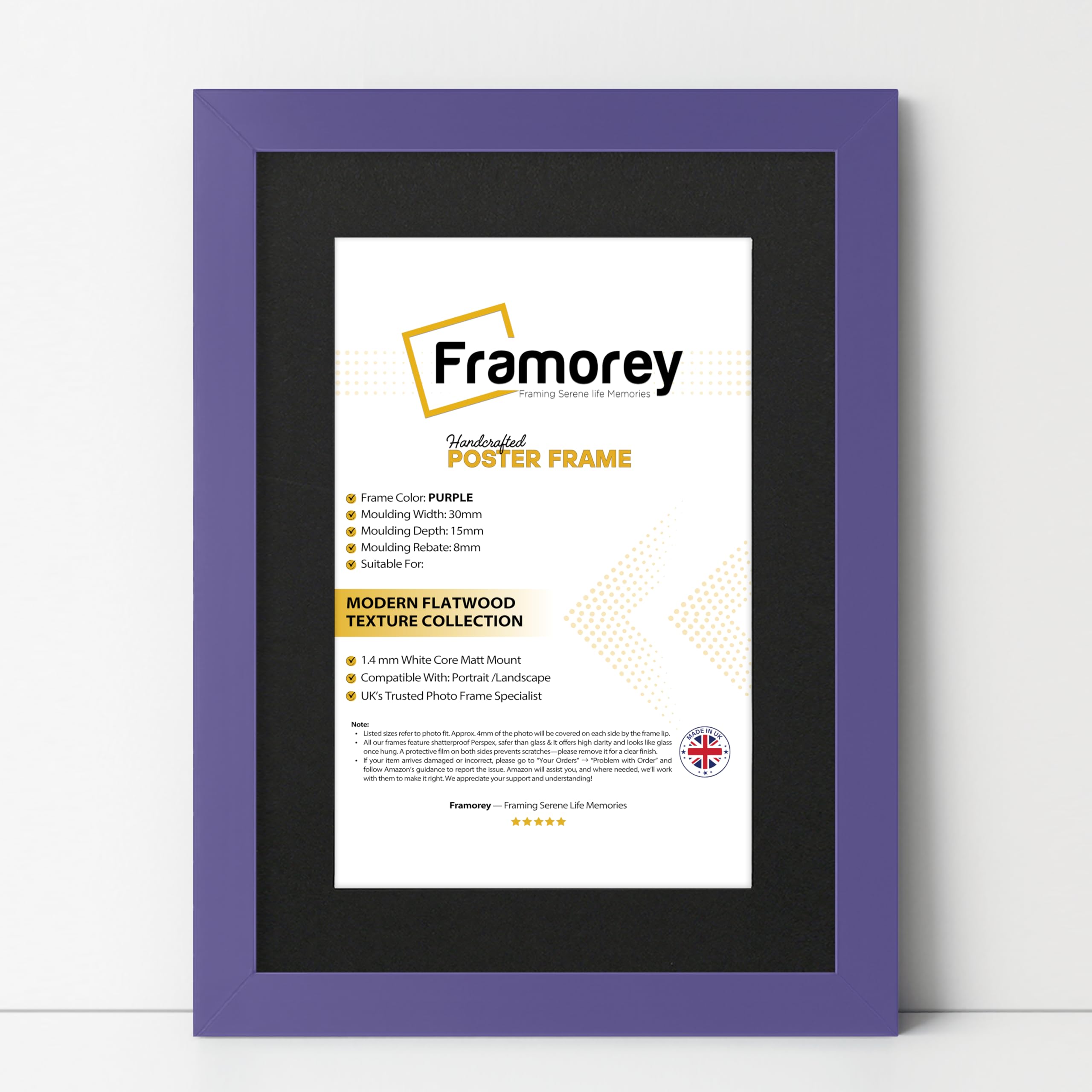 FRAMOREY Oxford Flat Wooden Effect Picture Frame, Purple 12x10 Size Photo Frame With 9x6 Black Mount, Handmade Wall Art Poster Frame, Best Living Room Photo Frames