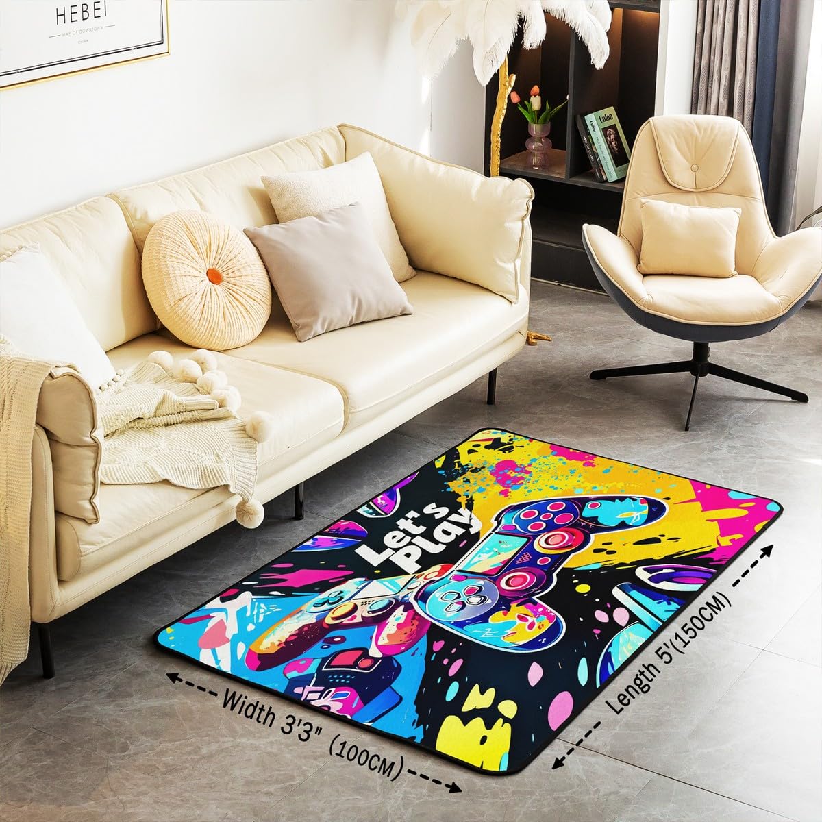Loussiesd Dywan do salonu dla graczy, 100 x 150 cm, gamingowy dywan akcentujący dla chłopców, dziewcząt, nastolatków, nowoczesny kontroler konsoli do gier, mata podłogowa, joystick, czarno-żółta,