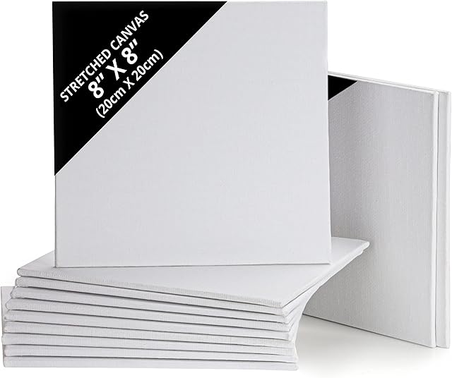 12 Pack Blank Canvas - 20 x 20cm (8 x 8 inches) - Pre Stretched Square Canvas Panel Boards - Suitable for Acrylic and Oil Painting Also for Sketching and Drawing