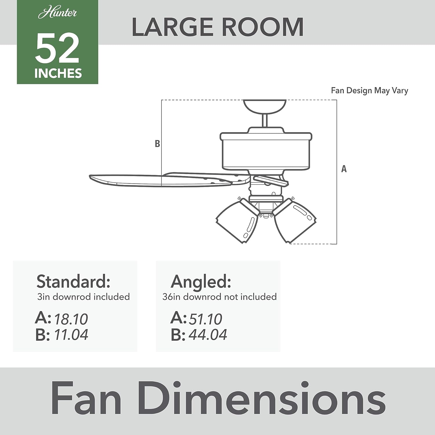 Diagram showing Hunter fan dimensions for standard and angled mounting