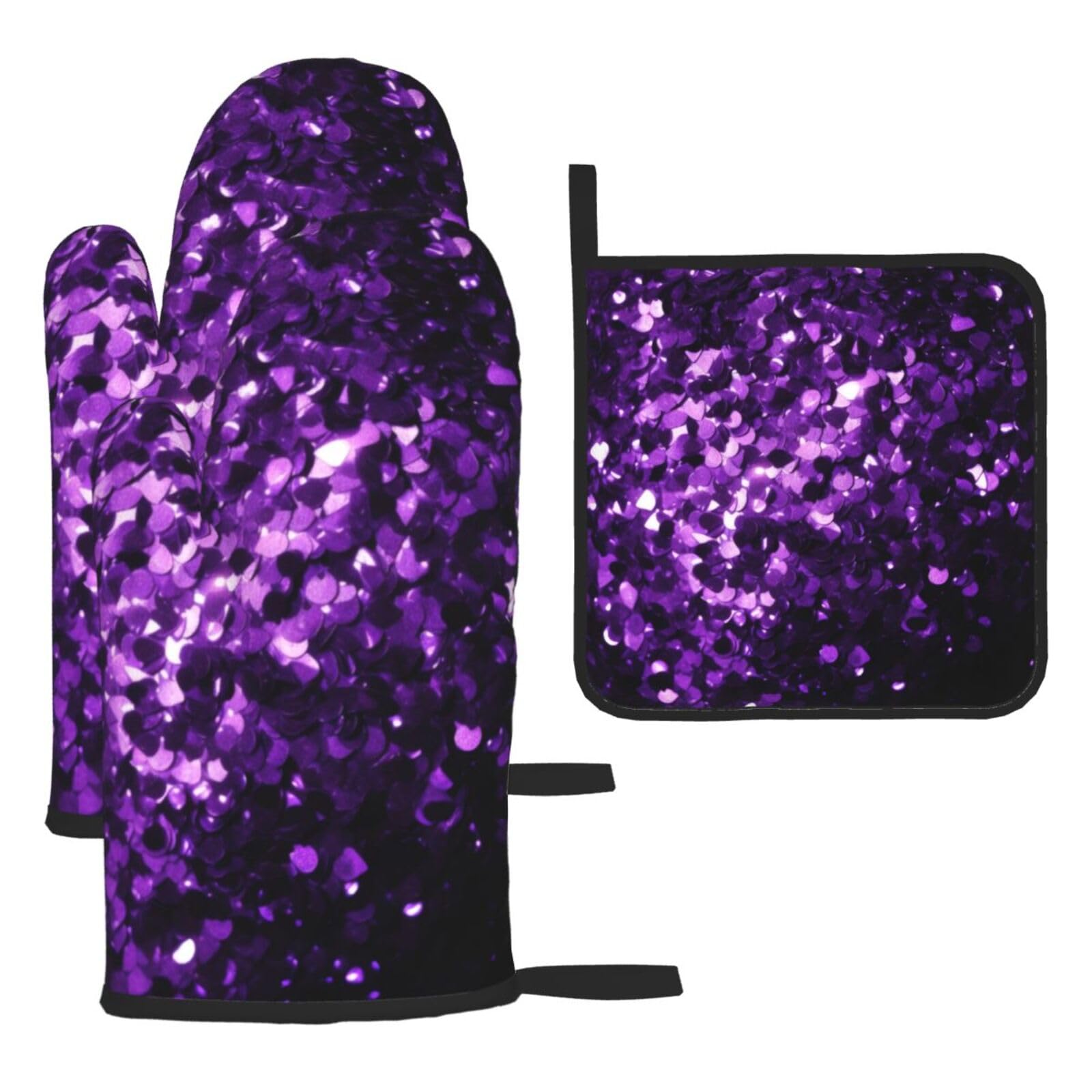 3d Beautiful Purple Glitter 3pcs Oven Mitts And Pot Holders Sets,Waterproof Heat-Resistance Microwave Cooking Oven Gloves,Chef Potholders Mittens,Kitchen Cooking Bbq Gloves And Hot Pads