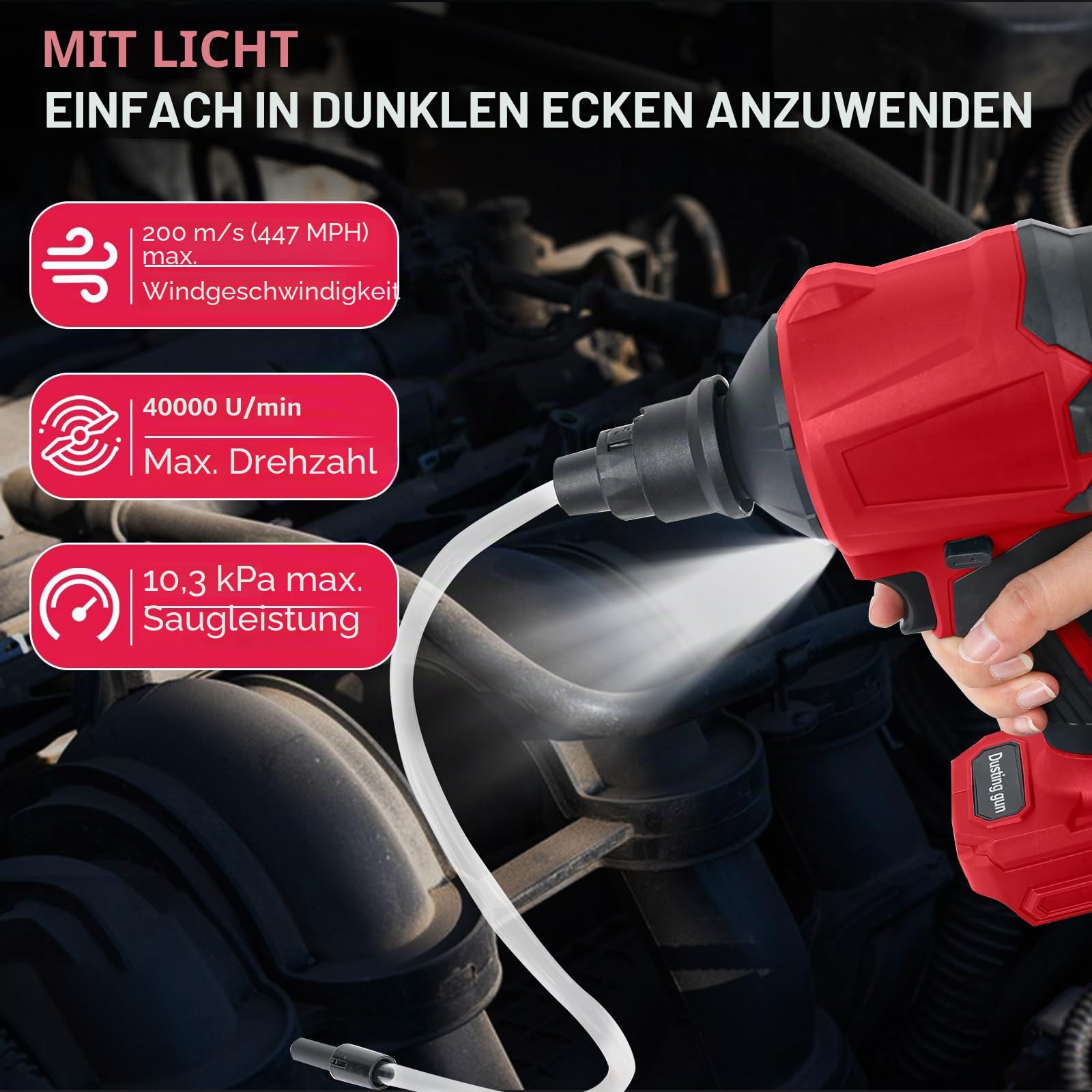 Akku Staubgebläse für Milwaukee 18 V Akku, 1000 W stufenlose Geschwindigkeit Druckluft-Staubwedel mit LED-Licht und 8 Düsen, 40.000 U/min für Garagen Werkstatt Sägewerk Raumreinigung (Keine Batterie)