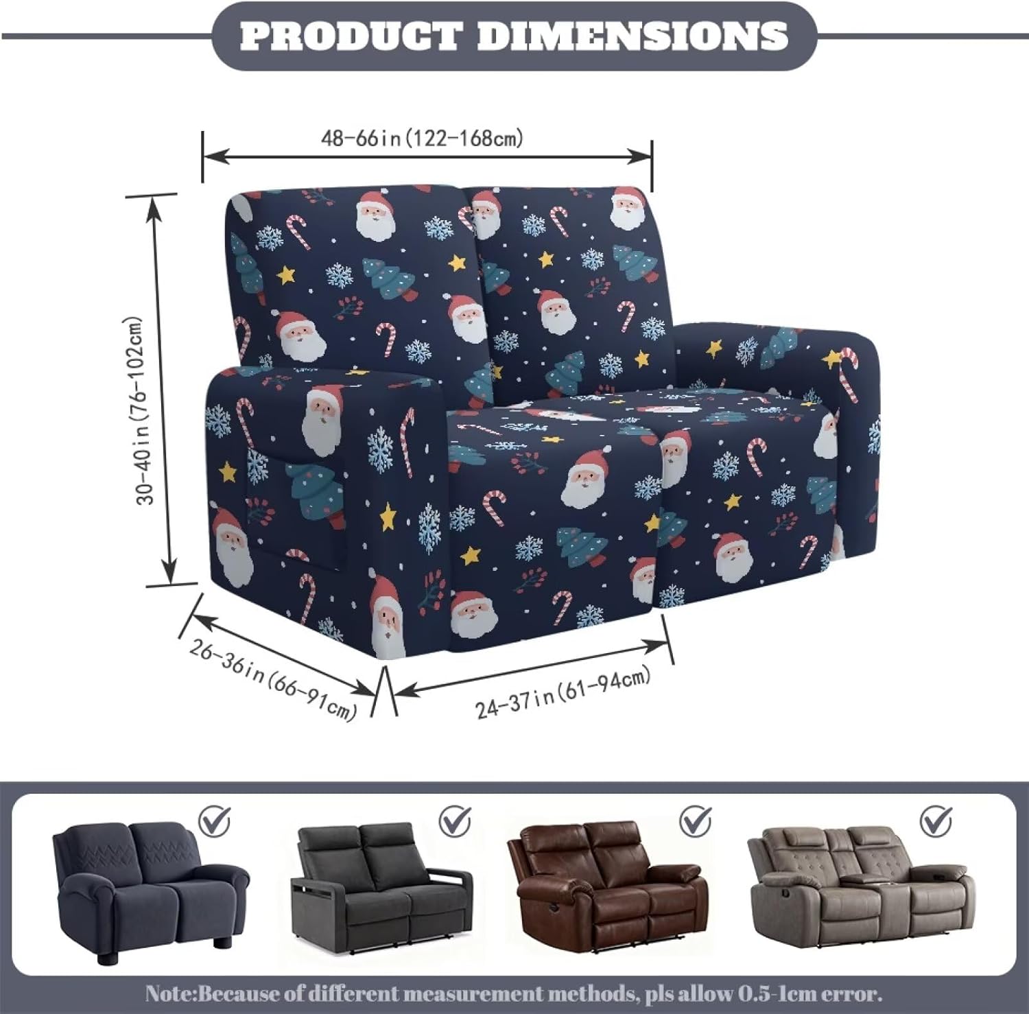 Suobstales Santa Claus Tree Snowflake Candy Print Loveseat Recliner Slipcover Christmas Decor Stretch Recliner Sofa Cover for 2 Seat Reclining Loveseat Couch, Furniture Protector with Elastic Bottom
