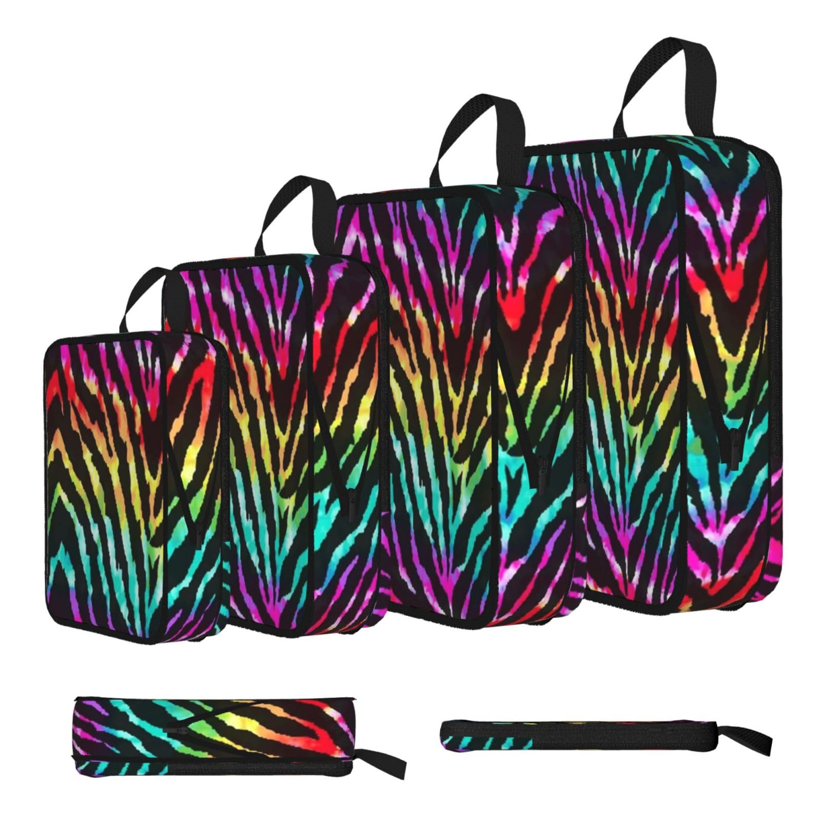 Colorful Rainbow Zebra Print Compression Packing Cubes 4-Piece Set With Multi- Compartment Travel Bag, Waterproof Suitcase Organiser Bags