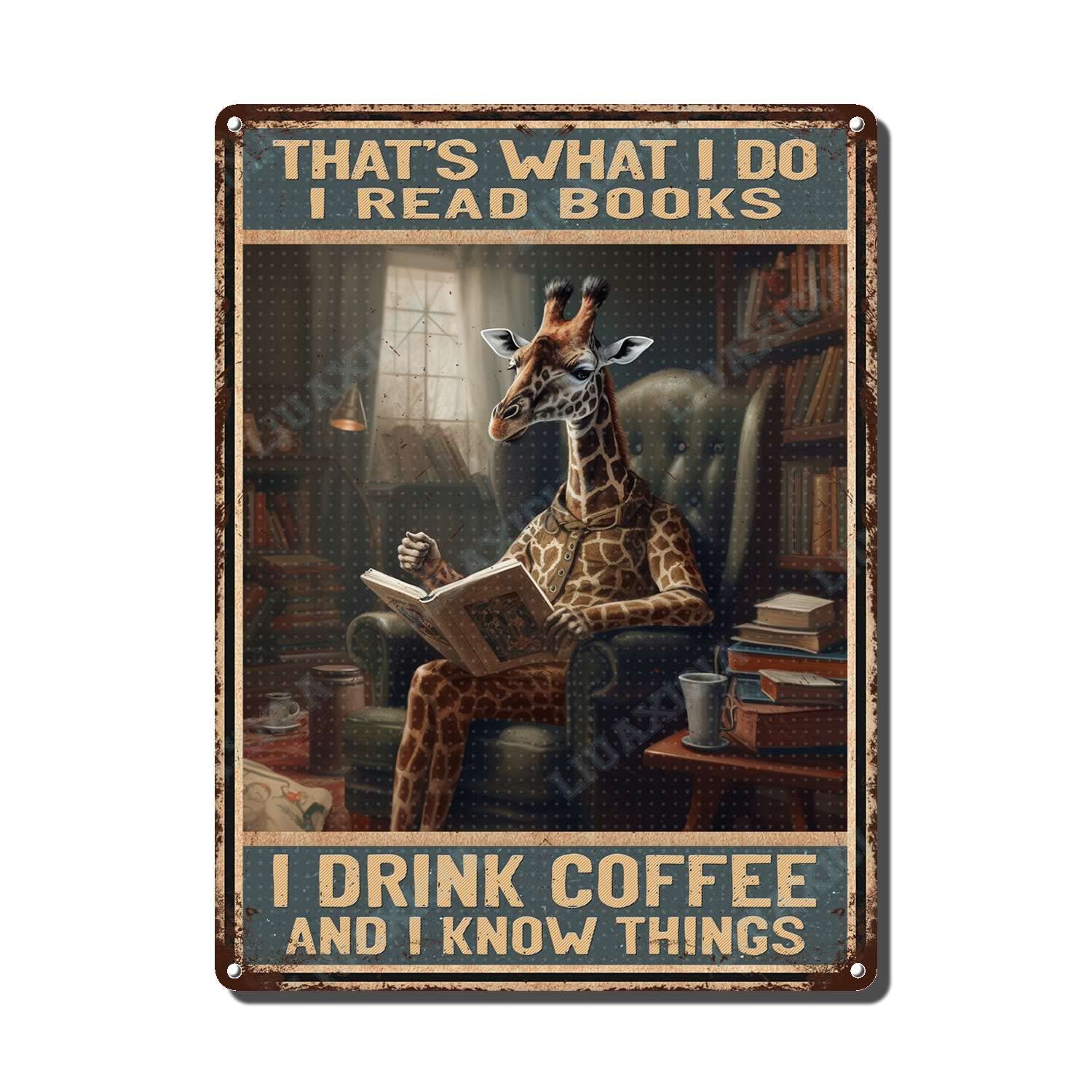 peiyeety Metal Tin Sign That's What I Do I Read Books Giraffe Vintage Decorative Wall Art,Retro Book Lover Rustic Plaque for Home Living Room Bedroom Library Office,8x12 Inch