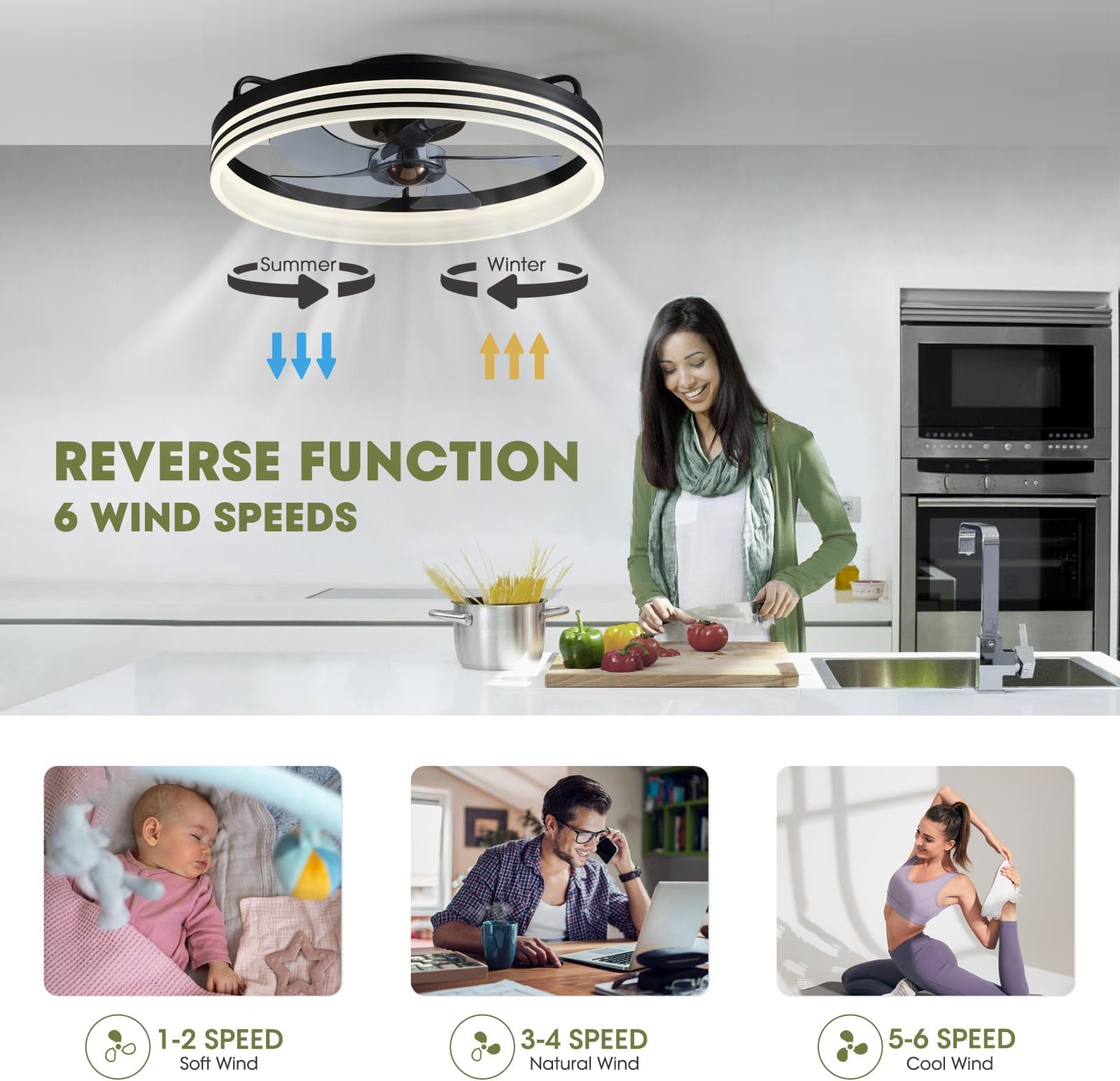 Ventilador de Techo con Luz LED 40W, 50cm Plafón Ventilador Silencioso con Mando a Distancia y Control de Pared, 4320LM Brillo Regulable, 6 Velocidades, Memoria Inteligente, para(Negra)