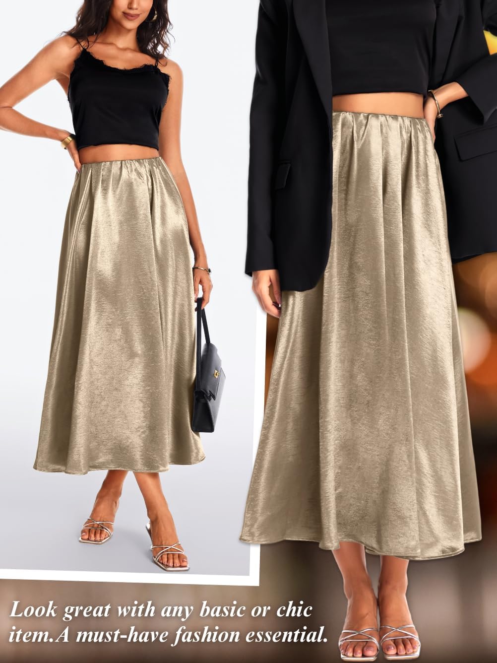 Women's Heavy-Drape Satin Maxi Skirt, Elastic High Waisted A-Line Formal Skirts for Special Occasions - Image 3