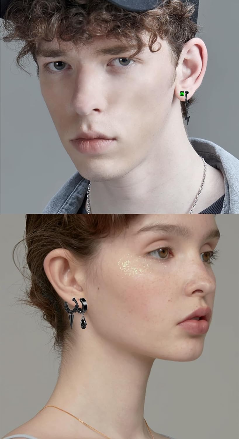 5 Pairs Black Stainless Steel Non-Piercing Spike Rivet Cross Dangle Tassel Clip on Hoop Earrings Set for Women Men Boy Girl, Non Pierced Fake Ear Clip Stud Earrings - Image 6