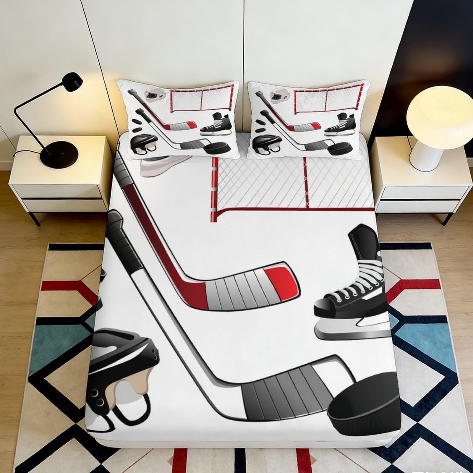 3D Printed Hockey Stick Fitted Sheet Microfiber Ice Rink Bed Cover for Bedroom Dorm Mattress Protection Decor 90x200x25cm