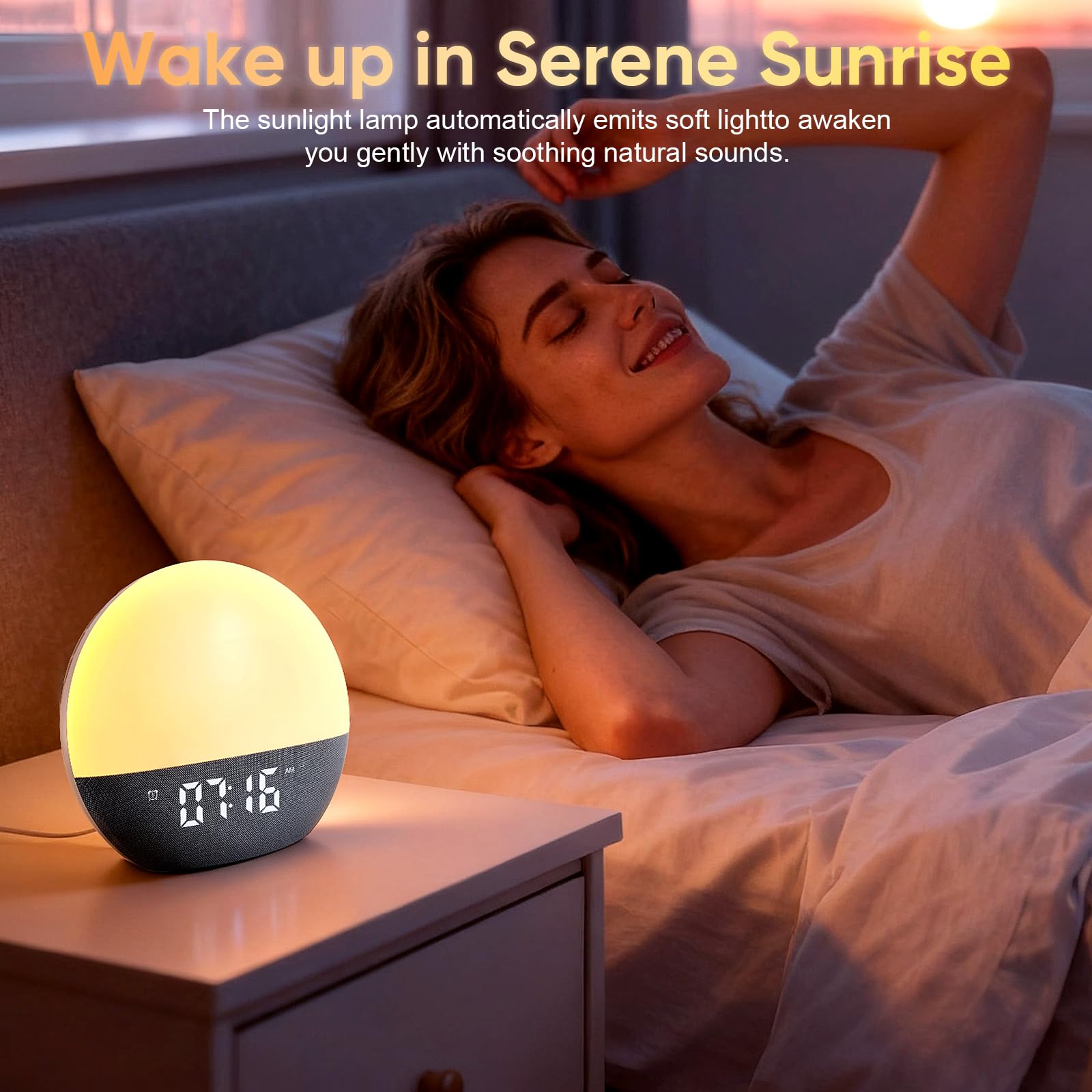 Sveglia Luminosa con Simulazione Alba e Tramonto, Altoparlante Bluetooth e Radio FM, 20 Rumori Bianchi, Colori RGBIC, Lampada da Comodino in Tessuto Morbido, Sveglia per Dormiglioni, Regalo per Camera