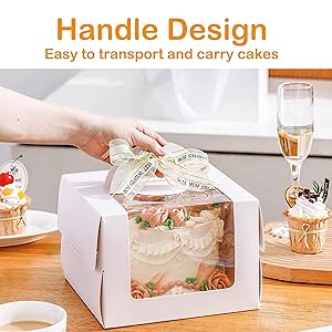 SUGORER 20pcs 6x6x6 Inches Christmas Cake Boxes with Cake Boards Handles White Bakery Boxes Cajas Pasteles for Cakes, Pastries, Chocolates, Cookies, Pie, Birthday Party, Wedding, Valentine's Day