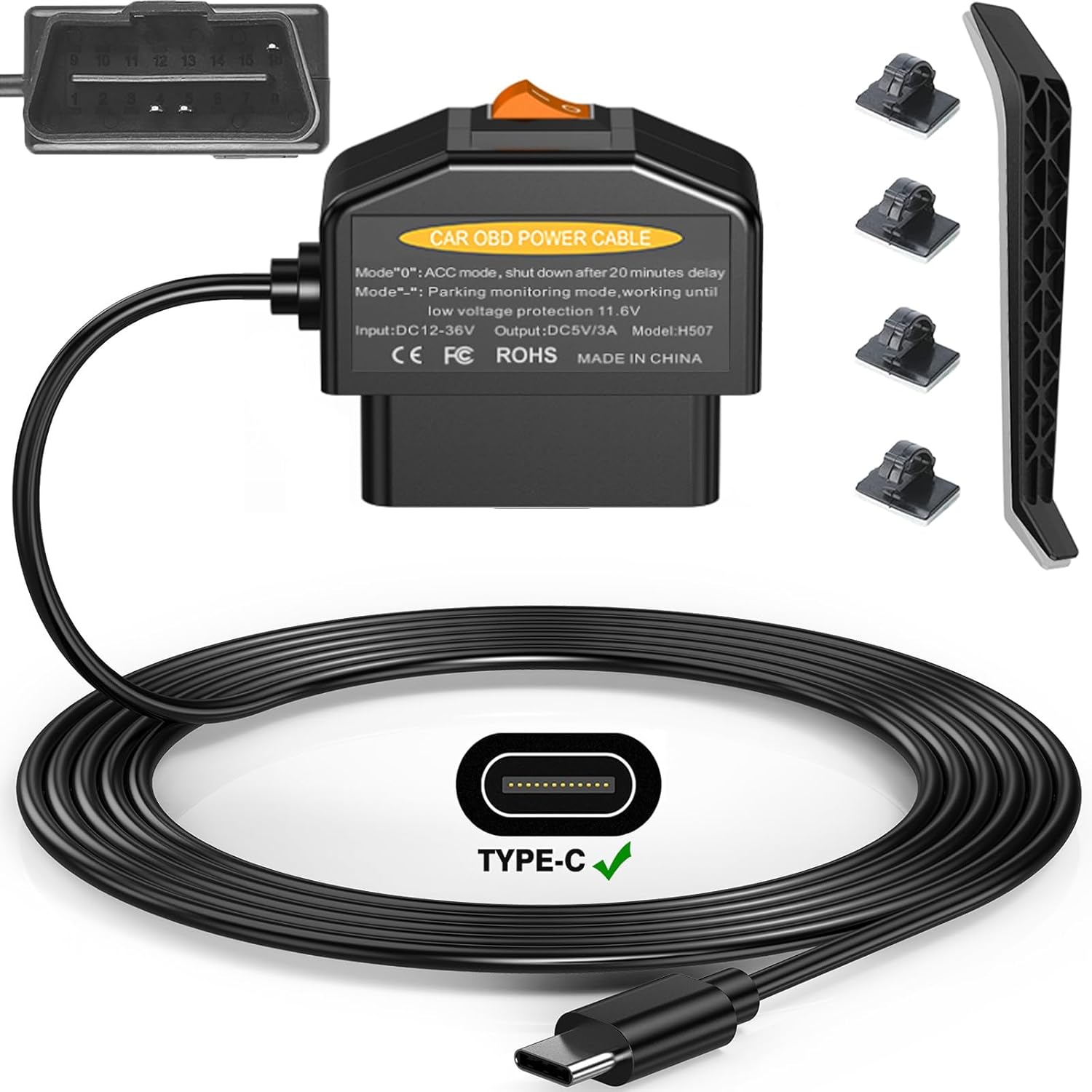 Dash Cam Hardwire Kit OBD, Dash Camera USB Type C Hardwire Kit OBD Power Charging Cable for Dashcam 12-24V to 5V/3A with Low Voltage Protection 24h Parking Mode Acc Mode for Dashcam, GPS or Radar