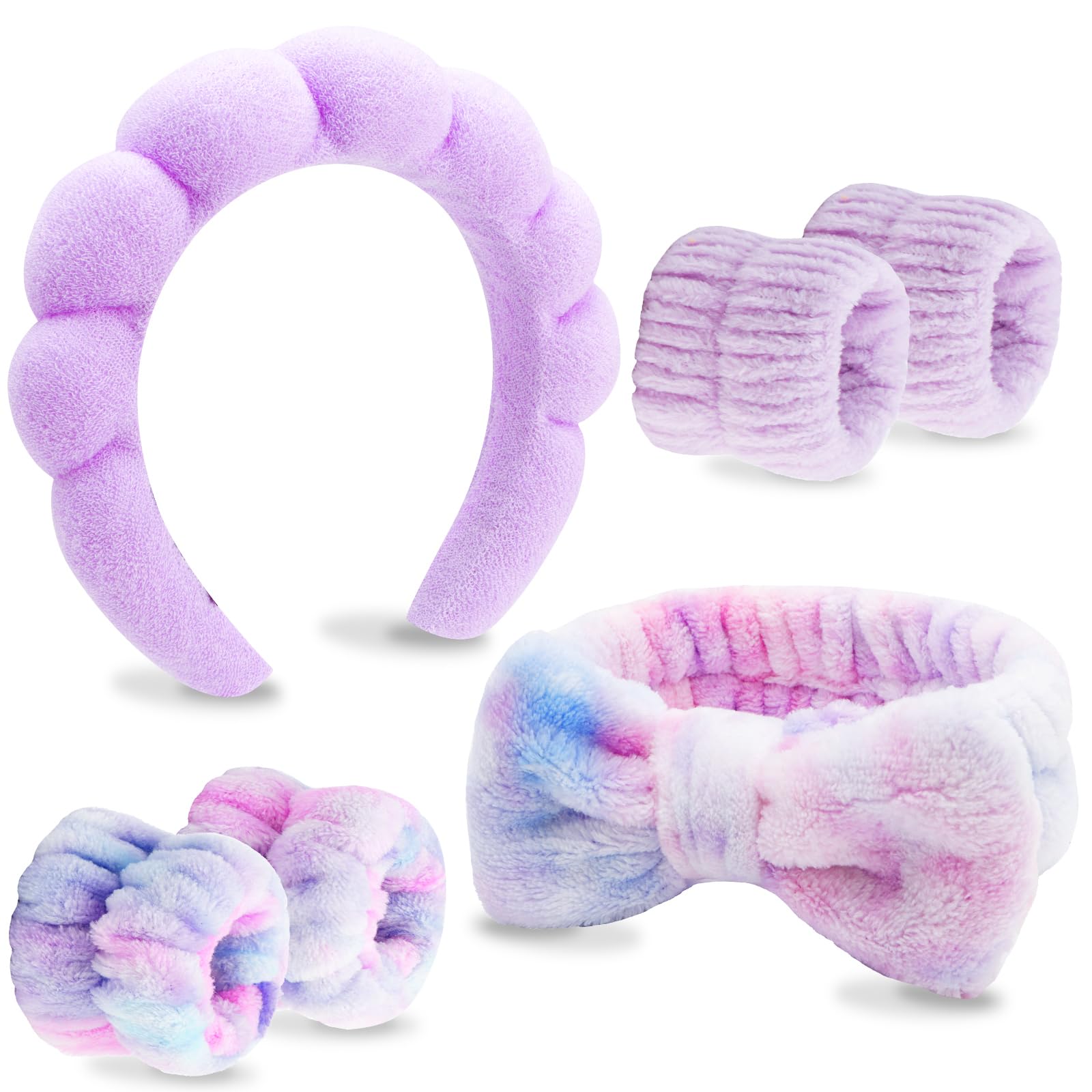 VELSCRUN 6 Pack Spa Headband, Makeup Headband, Face Wash Headbands, Skincare Headbands, Multicolour Purple Sponge Hair Band Bow Tie Spa Head Band for