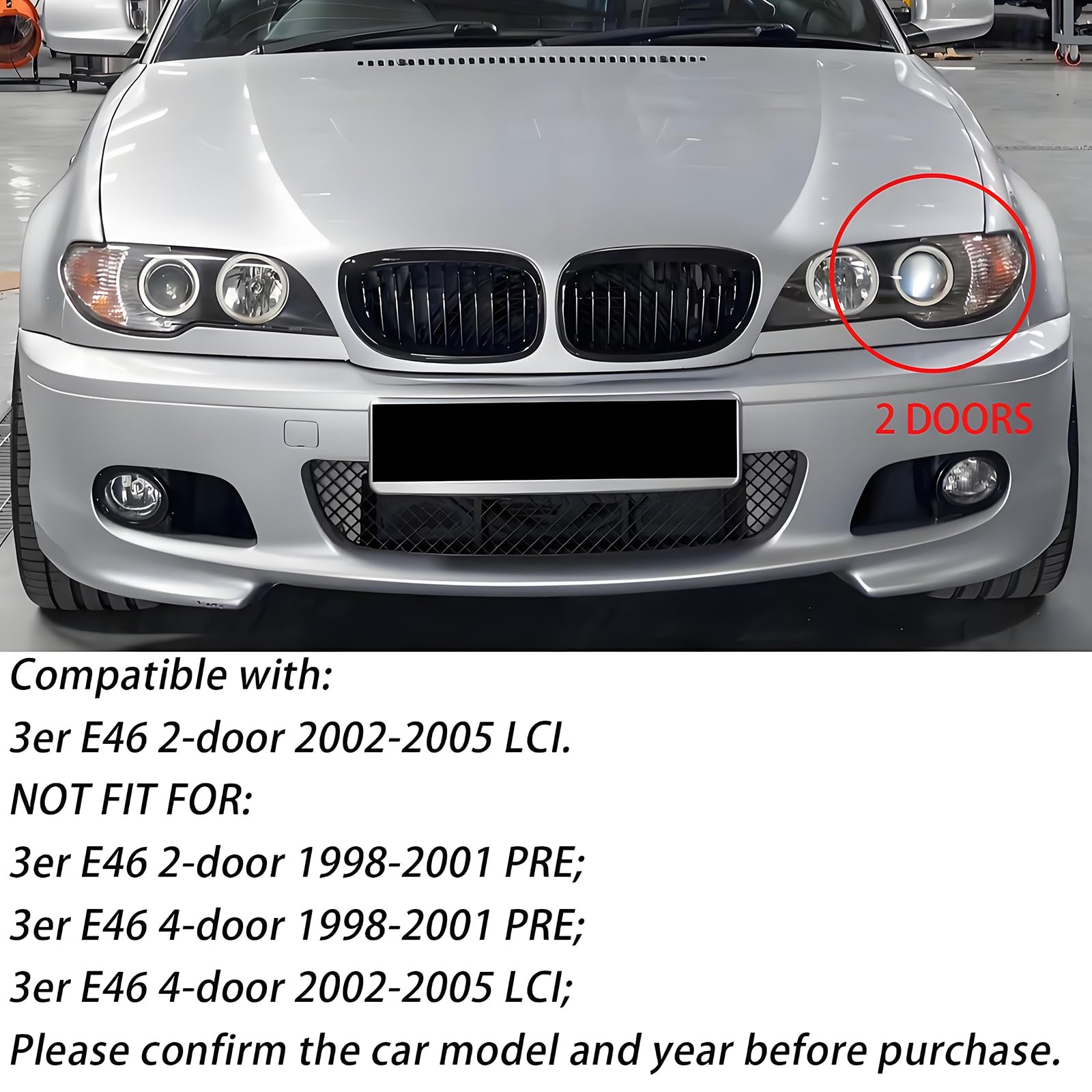 Rejilla de riñón Delantero para BMW 3er E46 4 Puertas 2D 2002-2005 LCI Facelift Parrillas Negro Brillante Listón Doble(No apto para 4 puertas) (For 3er E46 2D 2002-2005 LCI)