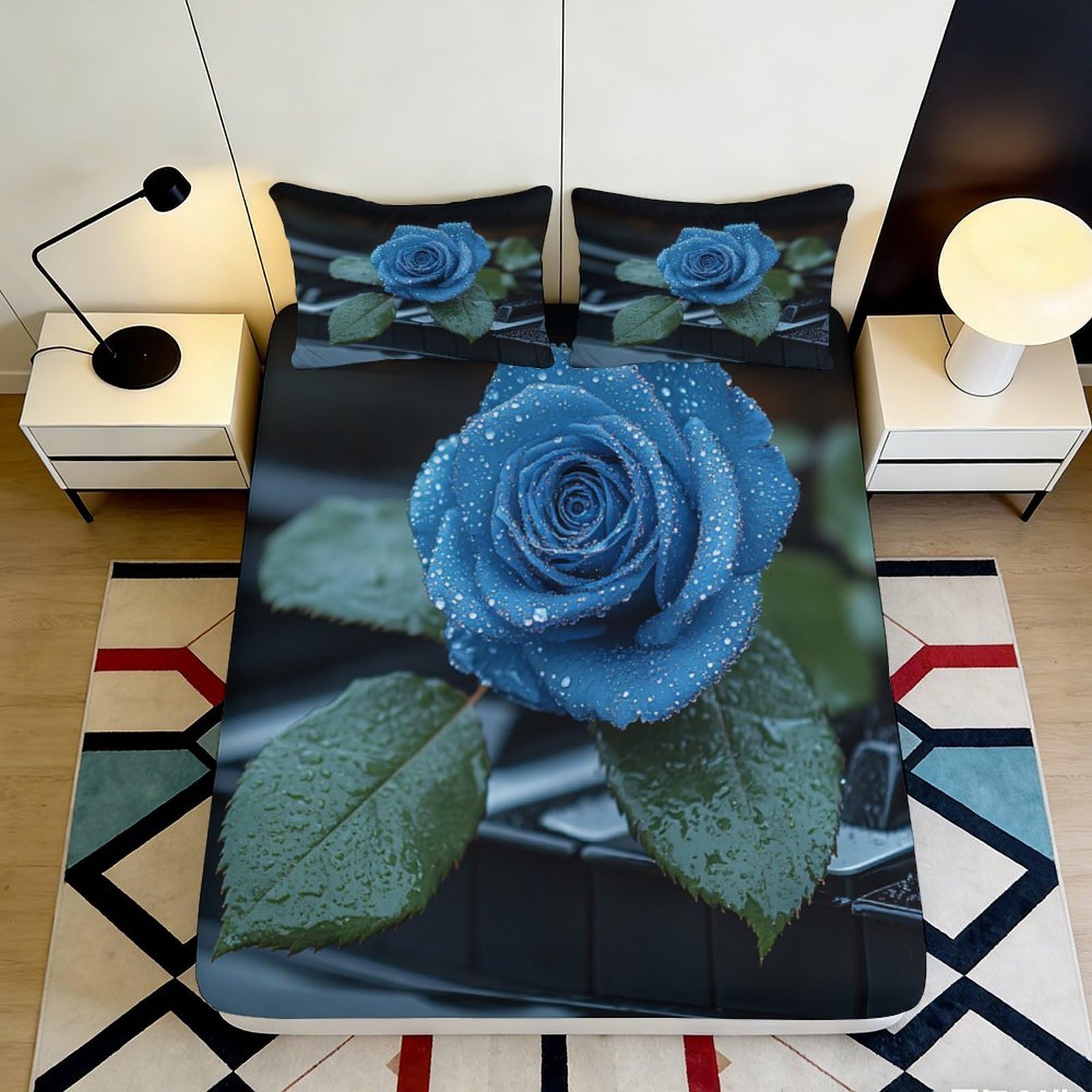 3D Printed Blue Rose Fitted Sheet Microfiber Non-Slip Artistic Dew Drop Bed Cover for Bedroom Guest Room Machine Washable Decor 90x200x25cm