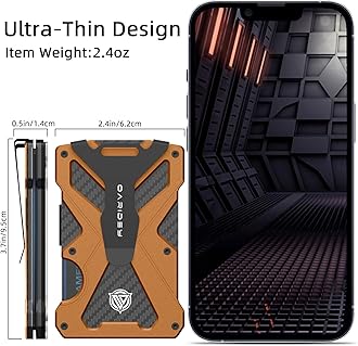 Minimalist Wallet for Men- Slim Aluminum Metal Money Clip Wallet with Clear ID Card Holder, Carbon Fiber Wallet, RFID Blocking, Holds up 15 Cards with Cash Clip, Ultra-Thin Tactical Wallet, Orange,