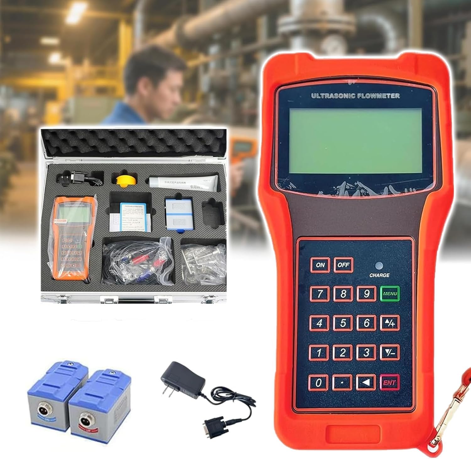 Medidor de Flujo Ultrasónico Portátil, Caudalímetro Digital con Data Logger, Registro 2000, LCD Estado y Caudal, Sin Contacto, Precisión ±1%, Repetibilidad 0,5%, DN15-DN6000, 12h Batería