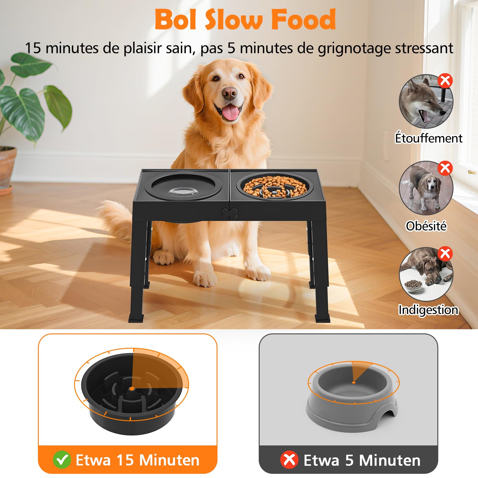 X XBEN 3-in-1 Comedero Perro Elevado de 5 Alturas Ajustables, 1,4L Bebedero Perro Antigoteo, 1L Comedero Antivoracidad,Comederos Elevados para Medianos y Grandes,Plegable y Antideslizante